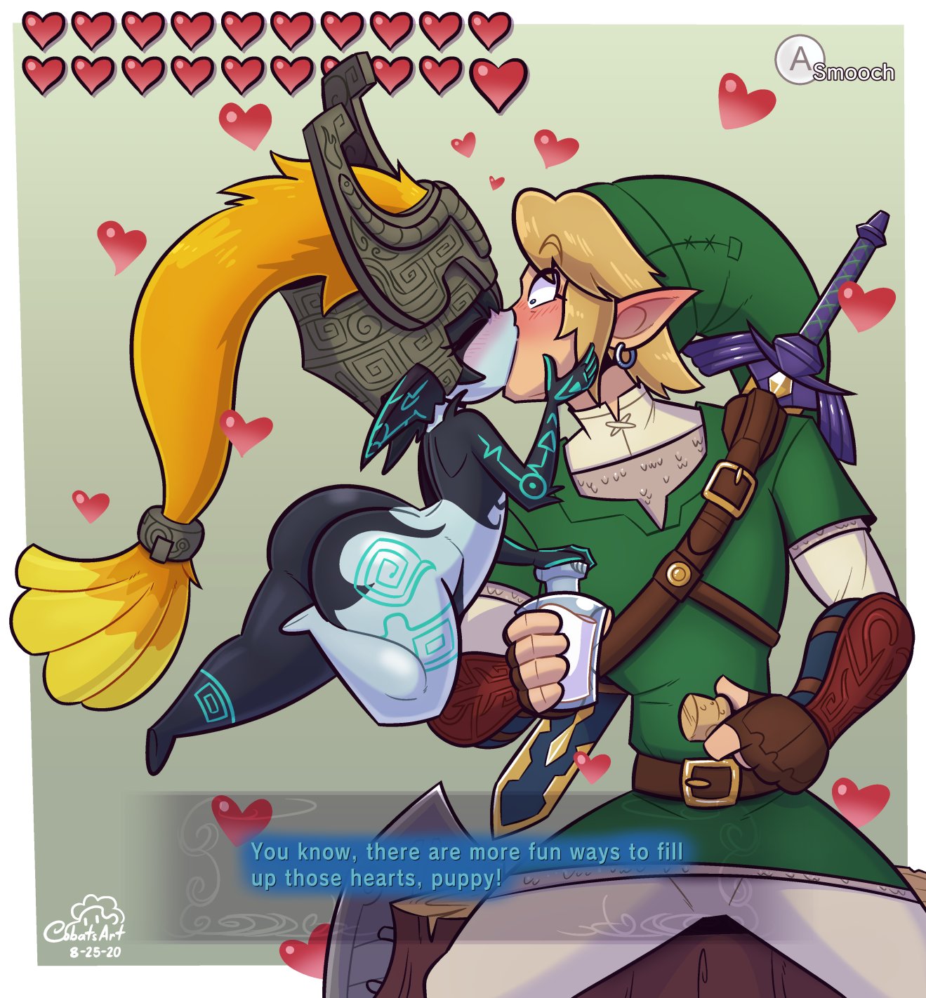 1boy, 1boy1girl, 1girls, ass, big ass, blush, bottom heavy, clothing, cobatsart, cute, english text, eyes closed, female, functionally nude, huge ass, imp, imp midna, kissing, larger male, link, link (twilight princess), male, midna, nintendo, pointy ears, shortstack, size difference, smaller female, straight, surprised, surprised expression, text, the legend of zelda, thick thighs, twilight princess, wholesome, wide hips