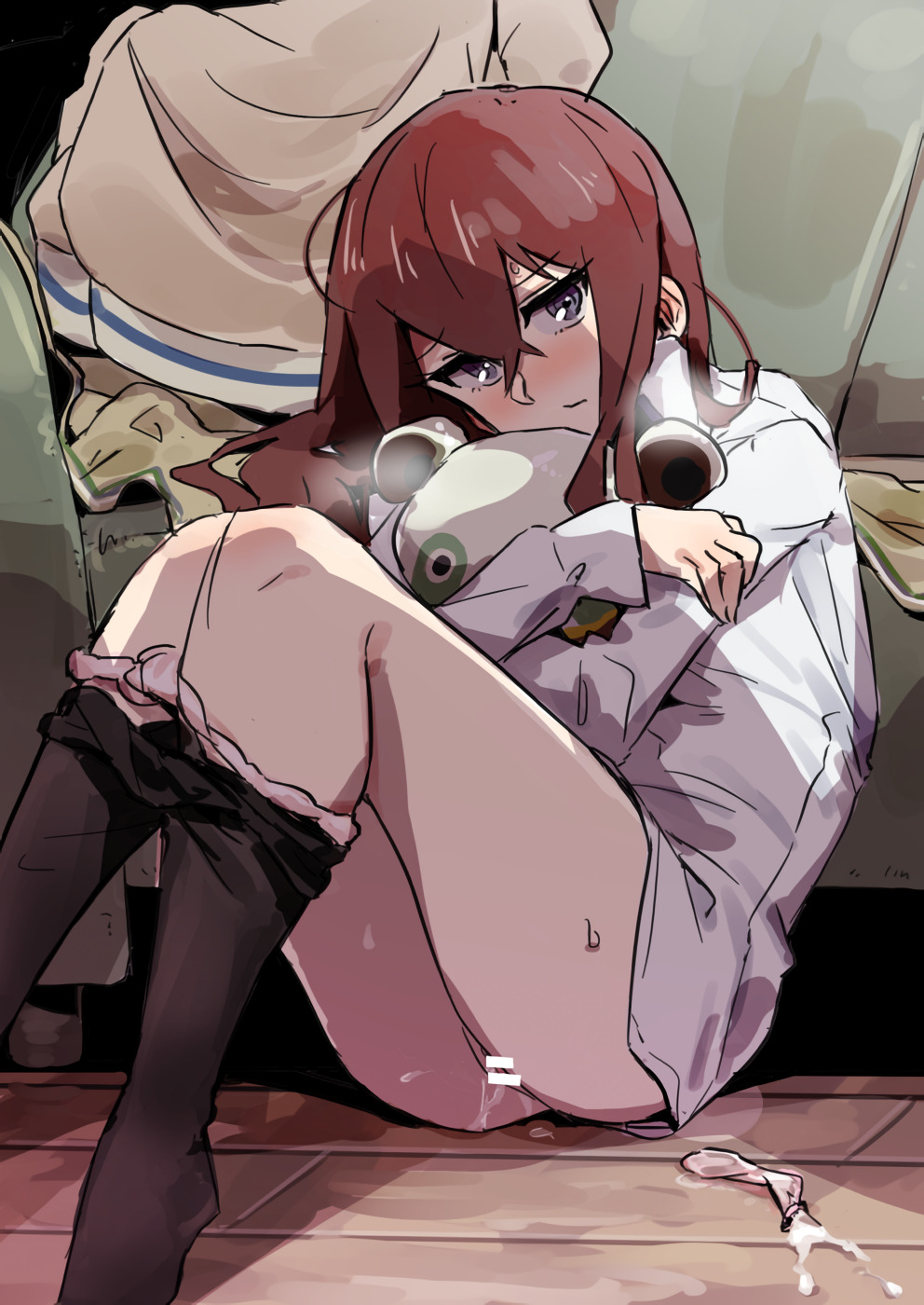 1girls after_sex bar_censor blue_eyes blush censor_bar censored clothes_removed clothing condom cum female female_only hair_between_eyes human long_hair makise_kurisu on_floor panties panty_pull pantyhose pantyhose_pull partially_clothed pink_panties pussy pussy_juice red_hair shirt sitting sofa solo steins;gate sweat tai0201 used_condom