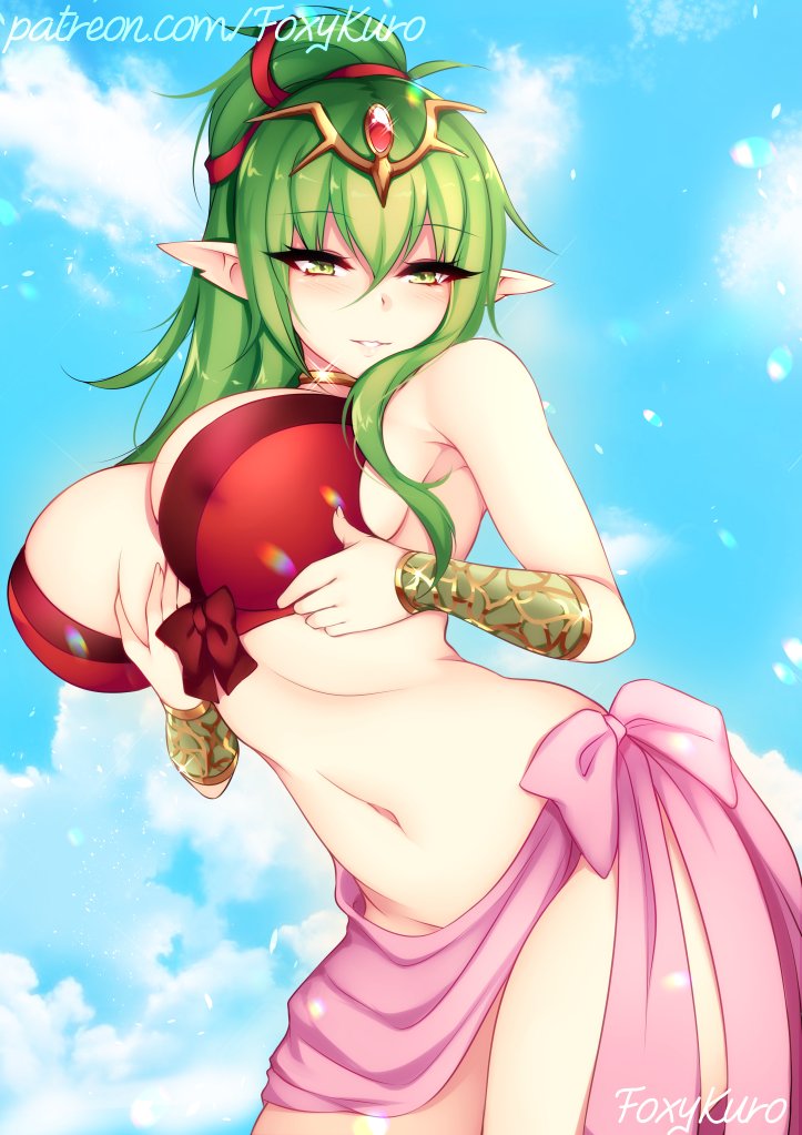 big breasts, bikini, breasts, clothed female, clothing, female, female focus, female only, fire emblem, fire emblem awakening, fire emblem heroes, foxykuro, grabbing own breast, green eyes, holding breast, huge breasts, large breasts, long hair, looking at viewer, nipple bulge, nipples, no panties, red bikini, red swimsuit, seductive, seductive smile, smile, solo, solo female, solo focus, swimsuit, thighs, tiki (fire emblem), tiki (fire emblem) (adult)