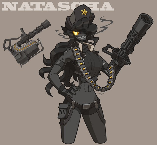 black_body black_hair gun gun_arm hat humanization humanized humanoid minigun natascha no_humans notyoursagittarius robot robot_girl robot_humanoid tagme team_fortress_2 yellow_eyes