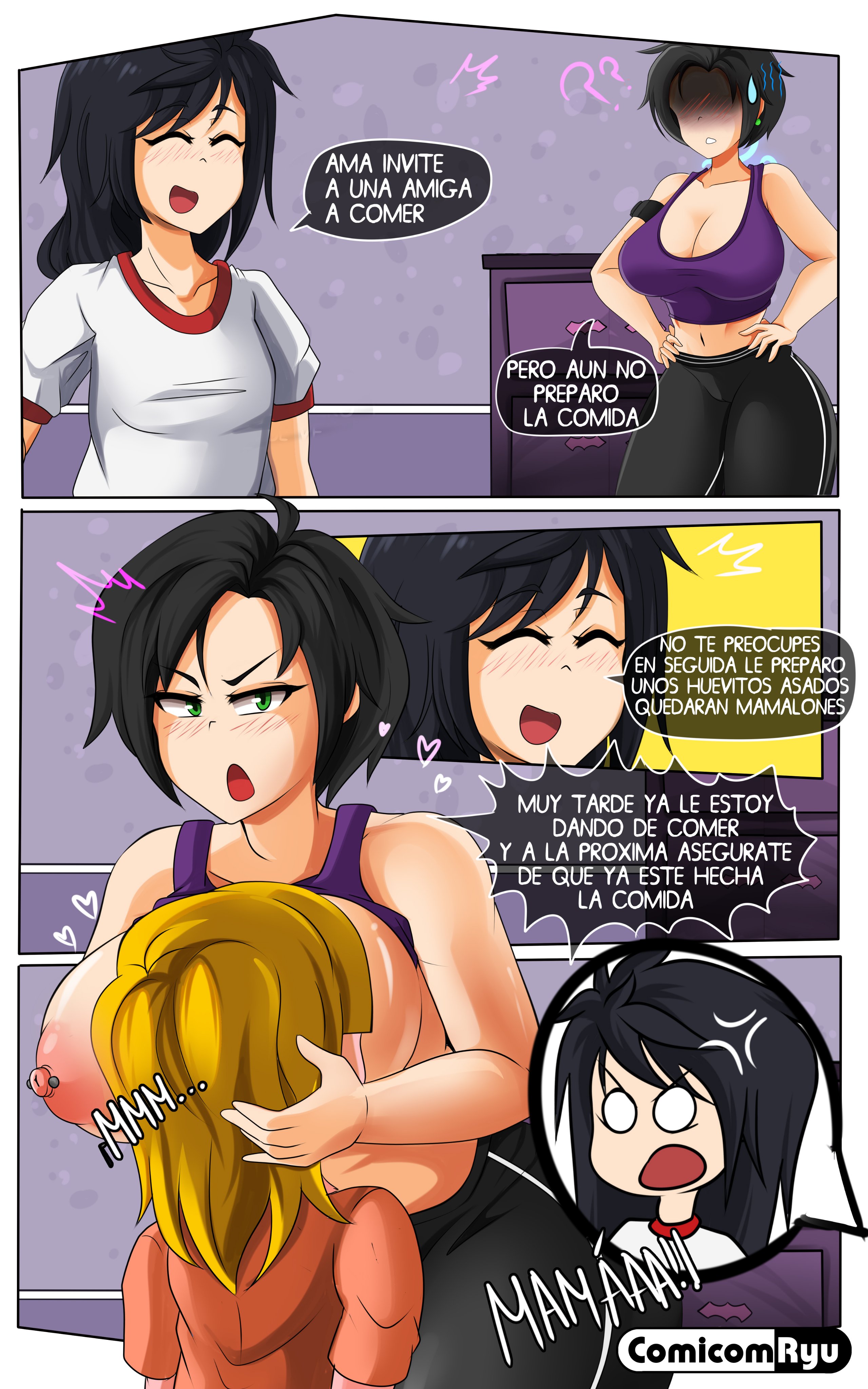 age difference, black hair, blonde hair, breastfeeding, breasts, comicomryu, erect nipples, female, female only, forced yuri, huge breasts, nipples, original, original character, pierced nipples, piercings, ryumxr, spanish text, translated, yuri