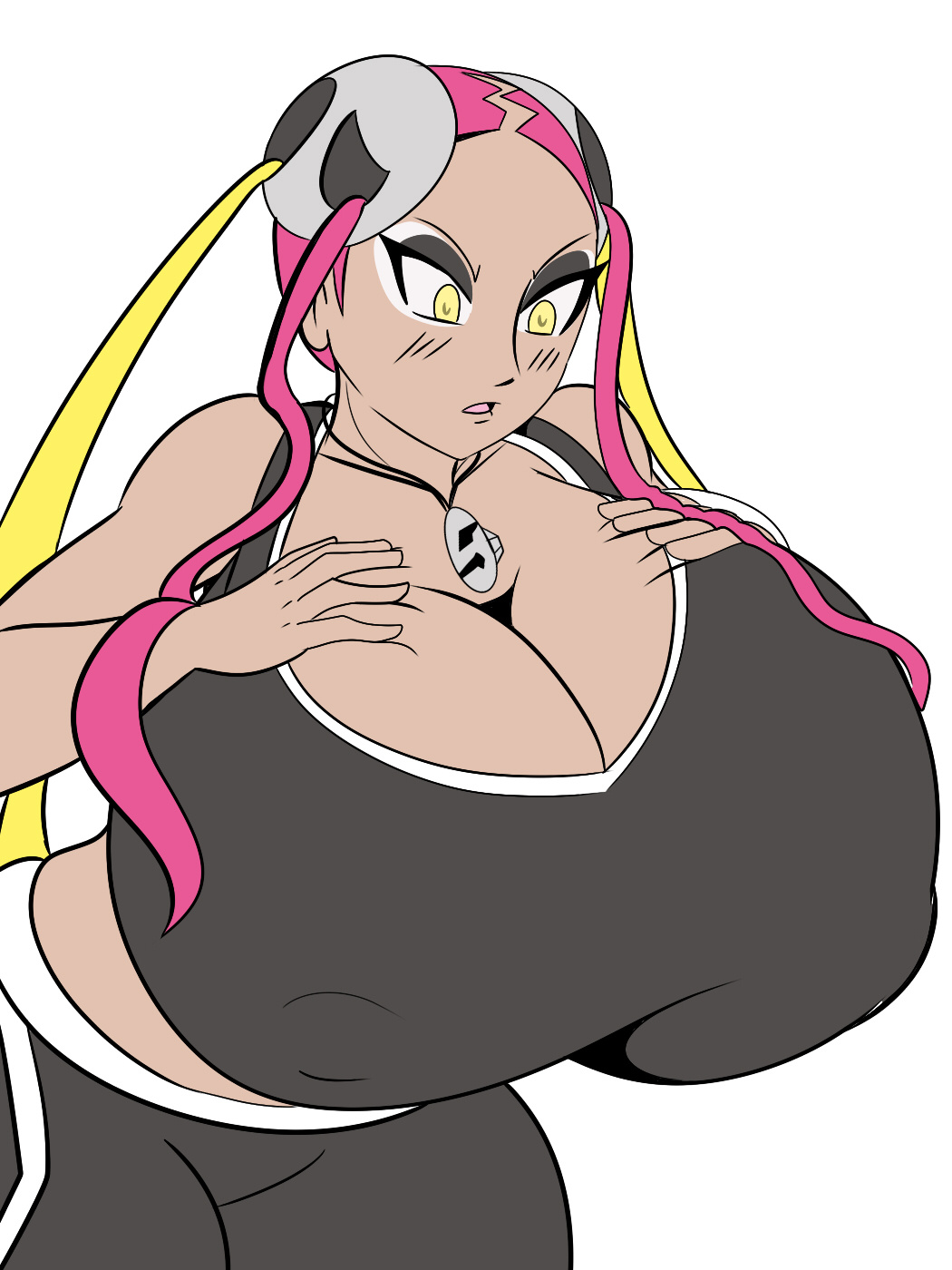 1girls alternate_breast_size breasts breasts_bigger_than_head cleavage clothed clothed_female dark_skin eyeliner female female_only female_solo hands_over_breasts hyper hyper_breasts madevilindustries makeup midriff pink_hair plumeria_(pokemon) pokemon pokemon_sm solo solo_female surprised tagme team_skull thick thick_thighs tight_clothing twintails visible_nipples white_background yellow_eyes yellow_hair