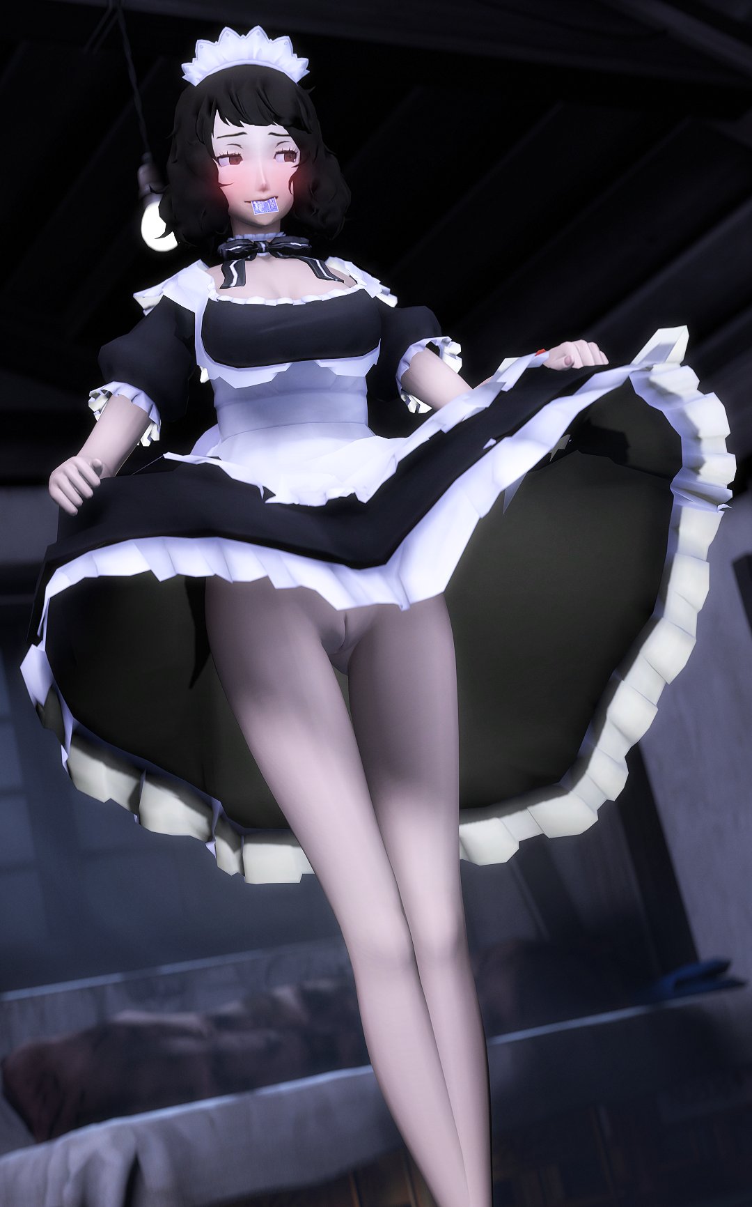 1girls, 3d, amateurthrowaway, atlus, bottomless, condom, condom in mouth, female, maid, maid headdress, maid uniform, persona, persona 5, sadayo kawakami, skirt lift, solo, upskirt