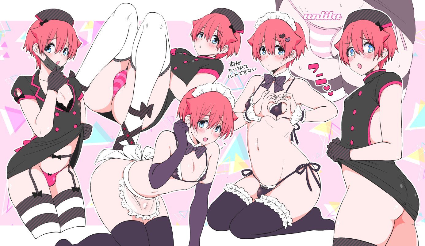 1boy, apron, ass, bikini, blush, bra, bulge, canon crossdressing, crossdressing, dress, dress lift, elbow gloves, embarrassed, femboy, garter belt, garter straps, girly, gloves, heart, hibiki yuuta, looking at viewer, lying, male, male focus, male only, mask, nagano rira, no panties, panties, pink hair, solo, solo male, ssss.gridman, stockings, thighhighs, tight clothing, trap, underwear, underwear only, unlila