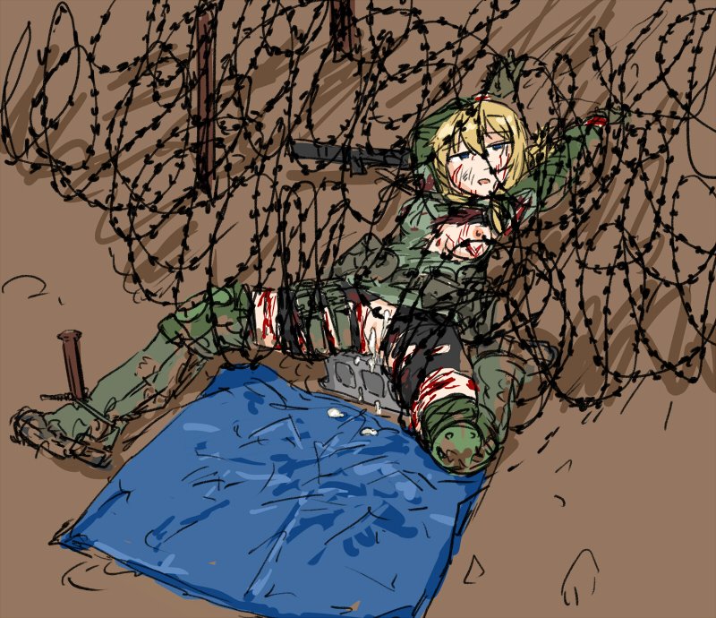 after_rape ak-74m blood cum cuts dutchko eotech escape_from_tarkov military_uniform peril pussy rape razor_wire torn_clothes vesna_(dutchko)