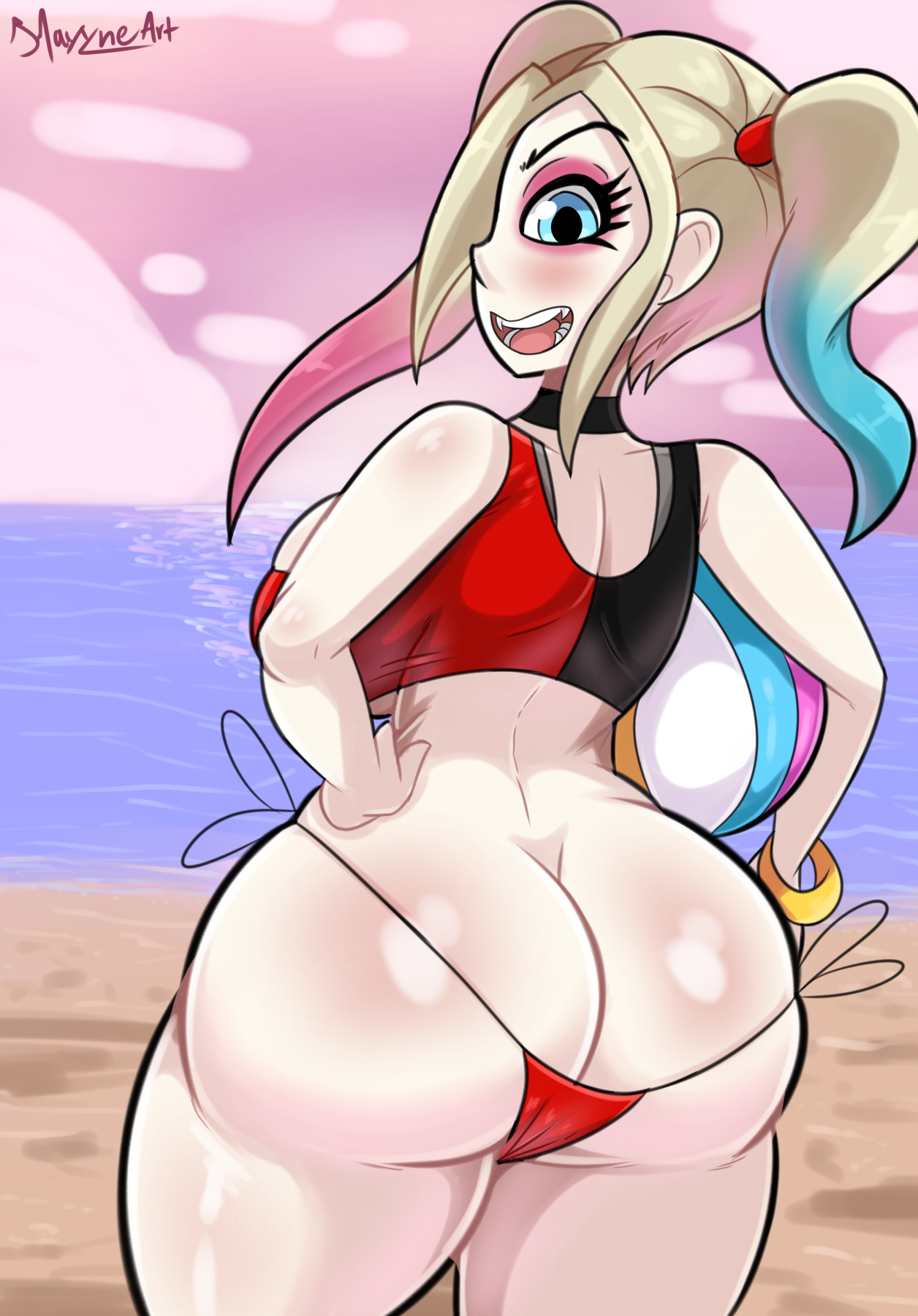 1girls, ass, ass cleavage, ass crack, batman (series), big ass, big breasts, bikini bottom, bimbo, bmayneart, breasts, busty, butt crack, dc, dc comics, female, female only, harley quinn, large breasts, looking at viewer, looking back, pigtails, side-tie bikini, solo, suicide squad, thick thighs, wide hips