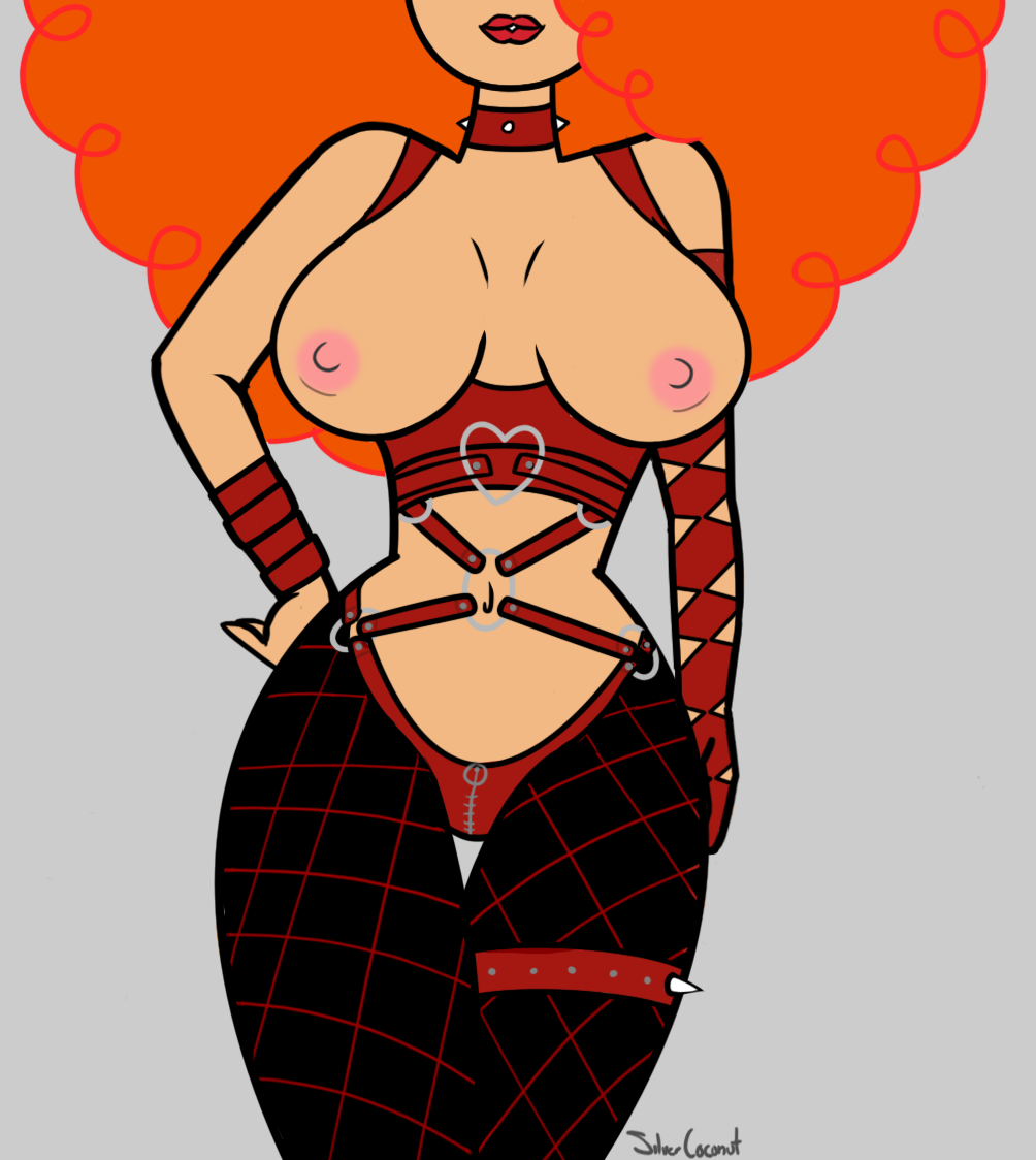 1girls big_breasts bondage_gear breasts cartoon_network choker curly_hair dominatrix female female_only fishnets grey_background harness latex_gloves lipstick long_hair nipples powerpuff_girls red_hair sara_bellum silvercoconut simple_background spiked_collar thick_lips