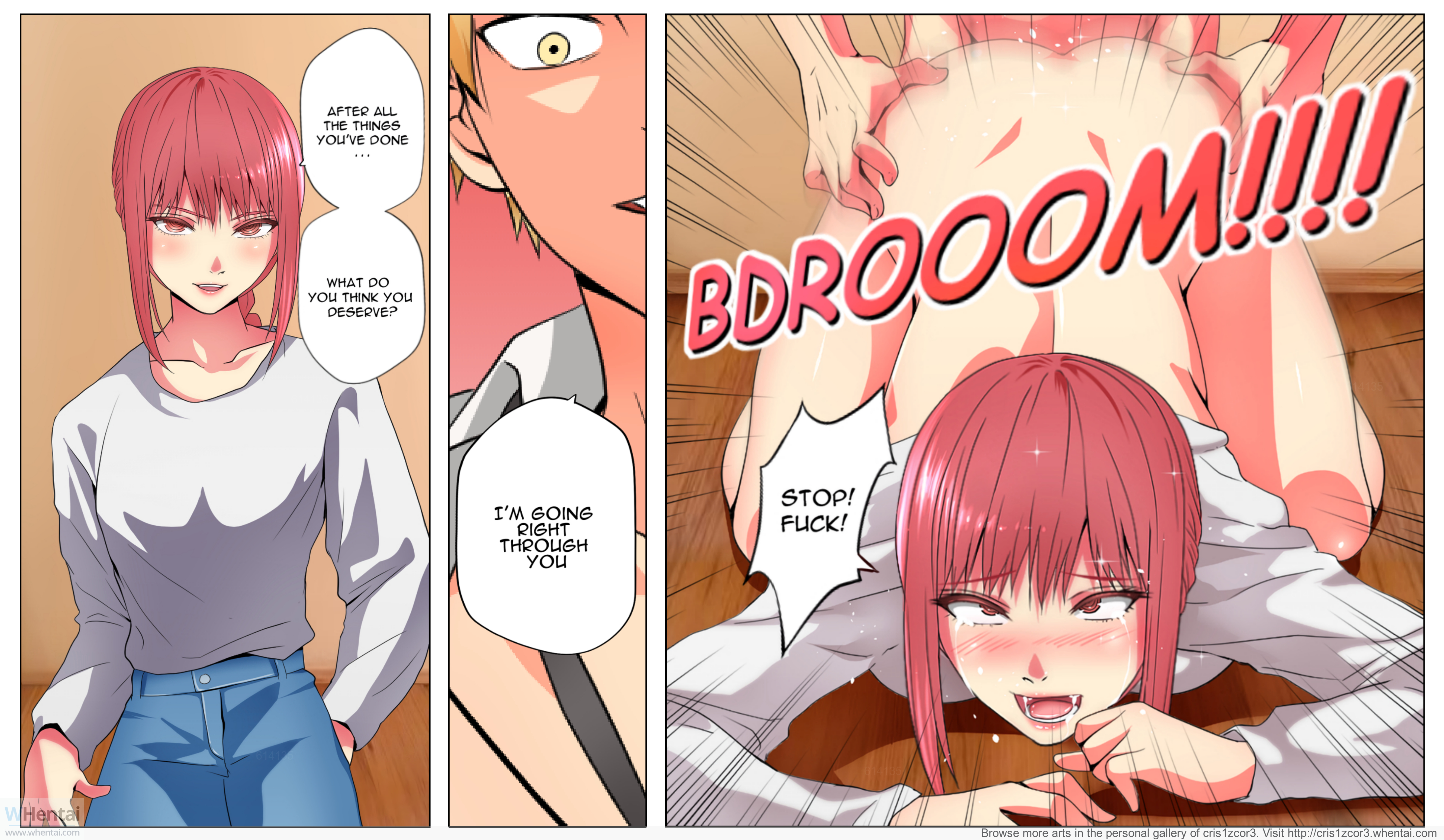 1boy, 1girls, age difference, ambiguous penetration, big breasts, blush, breasts, chainsaw man, comic, cris1zcor3, denji (chainsaw man), dialogue, doggy style, english text, female, hetero, instant loss 2koma, jeans, light-skinned female, looking at viewer, makima (chainsaw man), male, older female, red hair, seductive, sex, sex from behind, shounen jump, speech bubble, straight, tagme, teenager, text, threatening, top-down bottom-up, vaginal penetration, younger male
