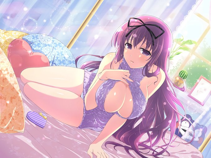 bed, blush, boob window, bracelet, breasts, cleavage, female, hand on chest, large breasts, leaning, murasaki (senran kagura), panties, panty peek, pillows, presenting, purple dress, purple eyes, purple hair, ribbon, senran kagura, sweater, sweater dress, thighs, very long hair, virgin killer sweater, wavy hair, white panties, yaegashi nan