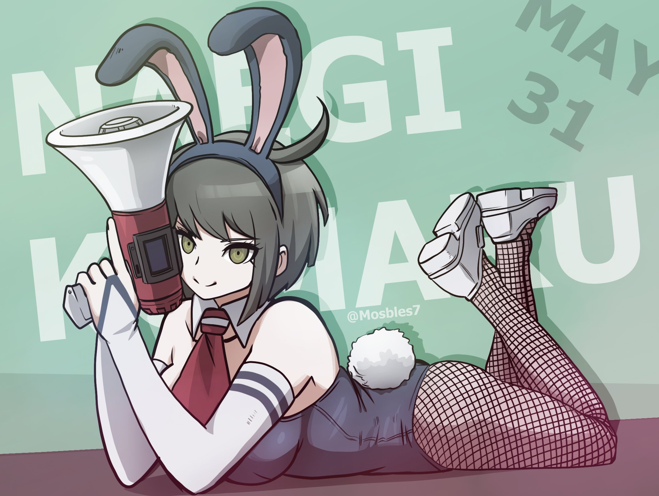 1girls, ahoge, ass, brown hair, bunny ears, bunnysuit, danganronpa, danganronpa (series), danganronpa ultra despair girls, female, fishnets, legs up, mosbles, naegi komaru, on stomach, short hair, smooth skin, solo