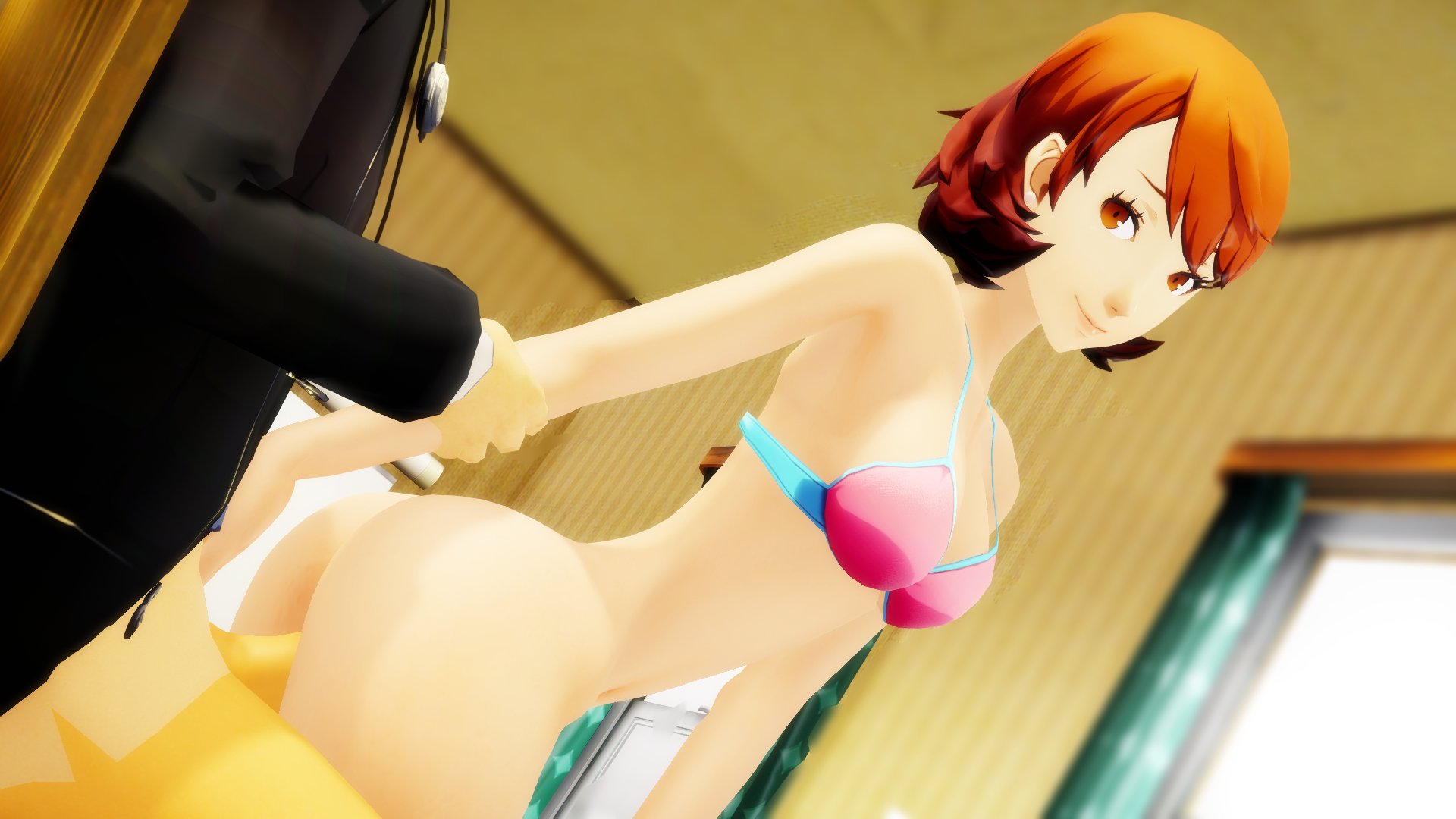1boy, 1girls, 3d, arm grab, atlus, bottomless, bra, female, from behind, makoto yuki, male, naoki mmd, persona, persona 3, pussy, smile, vaginal penetration, yukari takeba