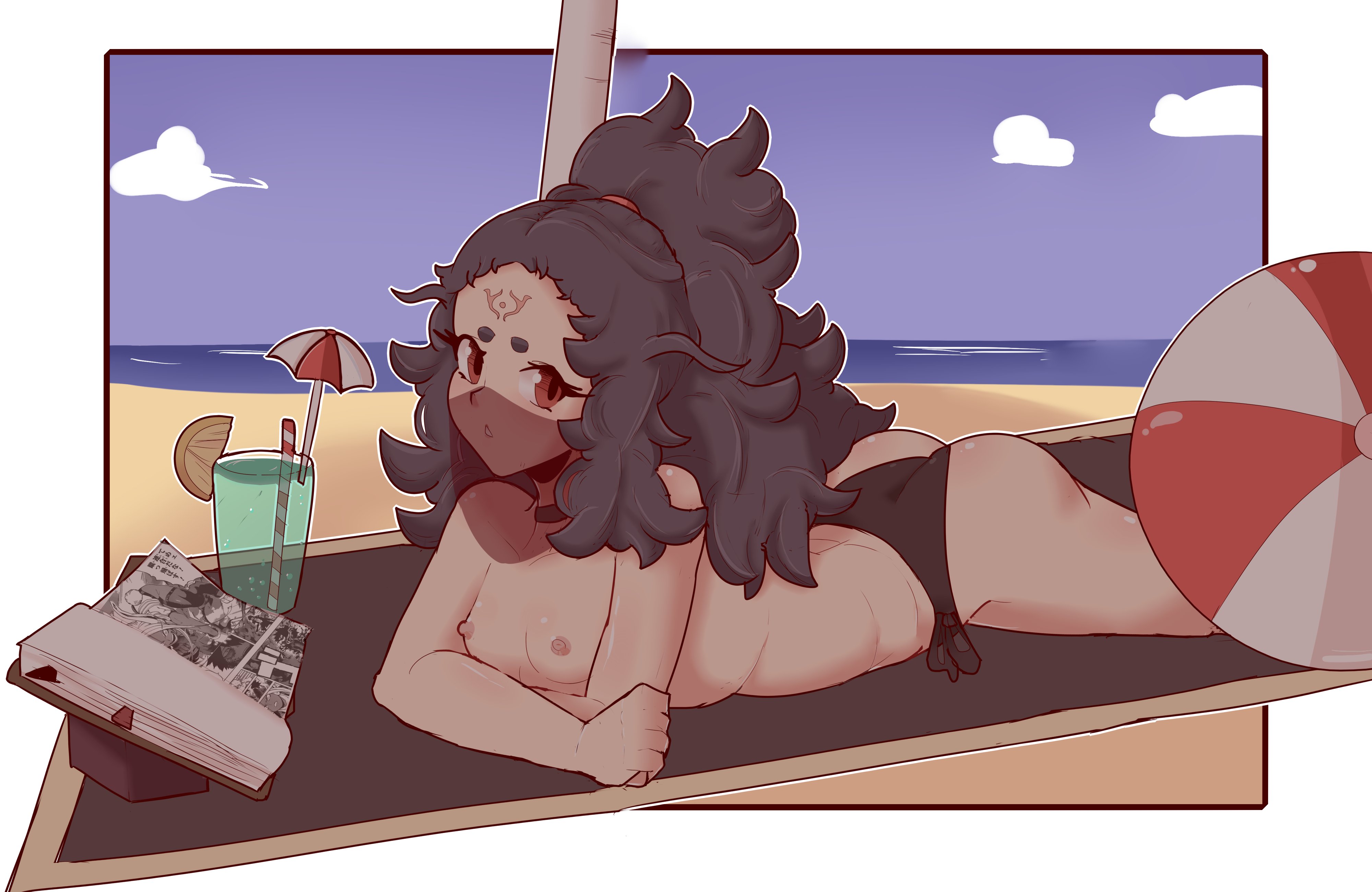 1girls, absurdres, alternate hairstyle, ass, bbdouble, beach, beach ball, bikini, black bikini, black hair, black swimsuit, breasts, drink, female, fire emblem, fire emblem fates, long hair, looking at viewer, nintendo, nipples, nyx (fire emblem), ocean, outdoors, ponytail, reading, red eyes, see-through, small breasts, swimsuit, topless, veil