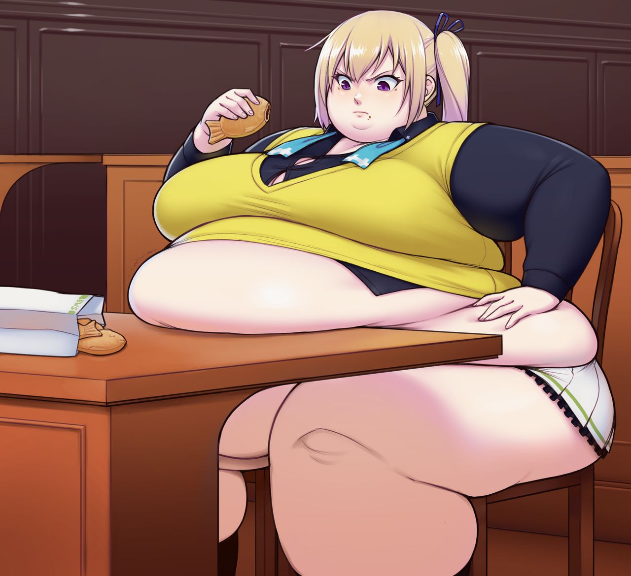 belly, better with salt, blonde hair, breasts, eating, fat, female, huge breasts, kawakami mai, long hair, mole, mole under eye, musaigen no phantom world, obese, overweight female, purple eyes, school uniform, side ponytail, sitting, solo, stuck, sweater vest
