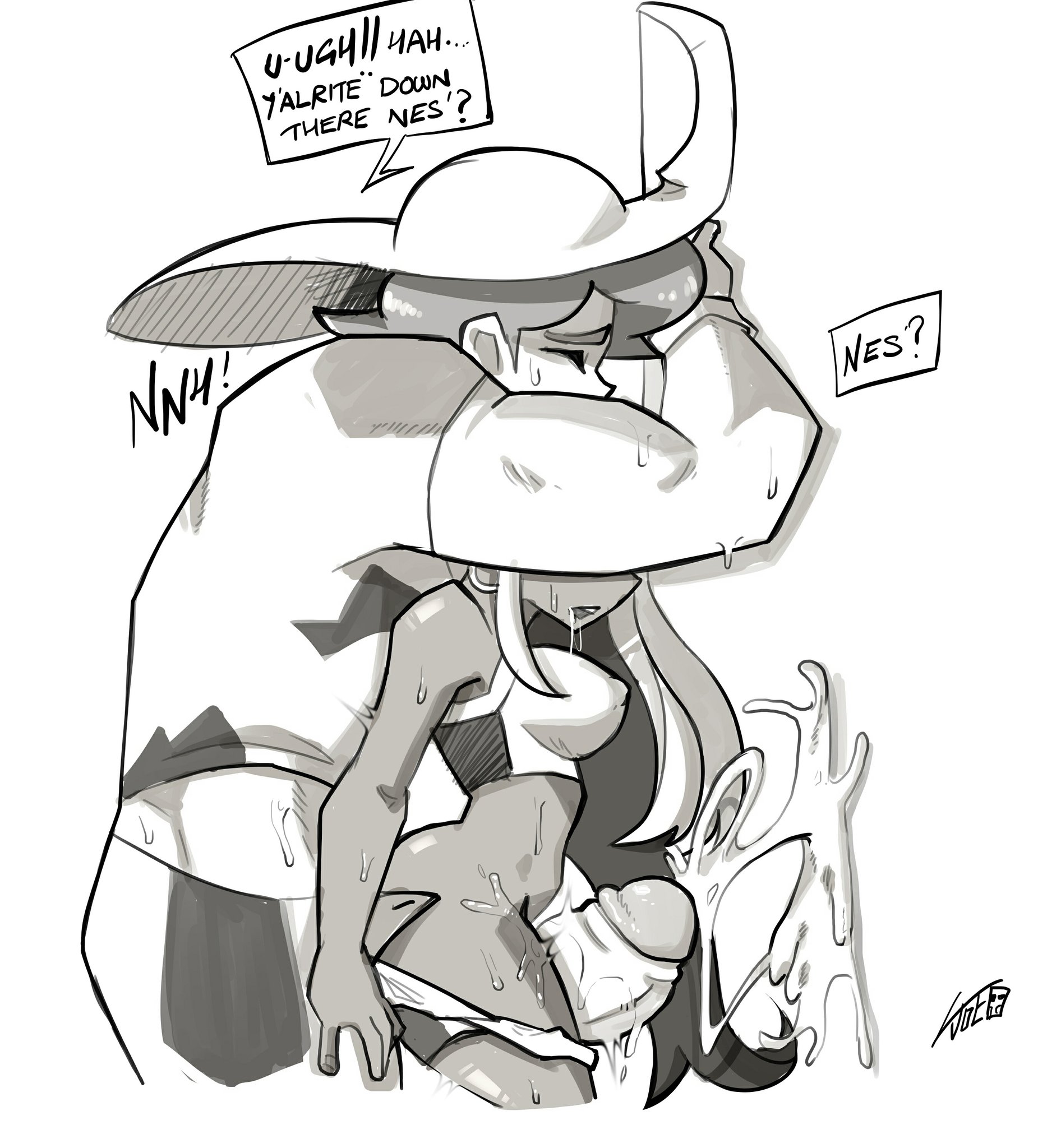 1boy, 1girls, against wall, ass, big ass, big penis, breasts, closed eyes, comradejoe2319, cum, cum on wall, cumshot, cumshot awe, erect nipples under clothes, female, hat, huge cock, large penis, larger male, male, milo (pokemon), monochrome, muscular, muscular male, nessa (pokemon), nintendo, penis, pokemon, pokemon ss, size difference, speech bubble, sweat, text, thick thighs, thigh sex, thighjob, thighs