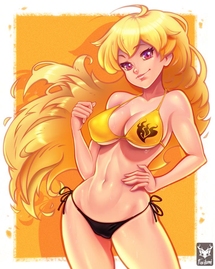 bikini black_panties blonde_hair cleavage foxilumi hand_on_hip long_hair navel pinup pose purple_eyes rwby side-tie_panties smile solo solo_focus standing very_long_hair yang_xiao_long