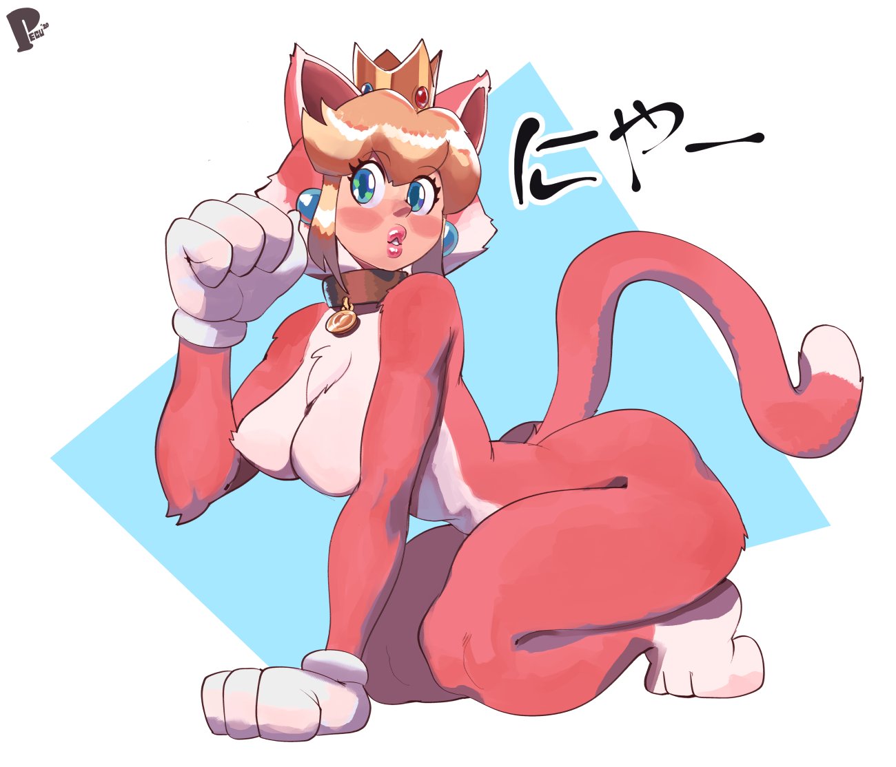 1girls, alternate breast size, blush, breasts, cat peach, cat suit, cleavage, female, female only, looking at viewer, mario (series), nintendo, peculiart, princess peach, solo, super mario 3d world, thick thighs, wide hips