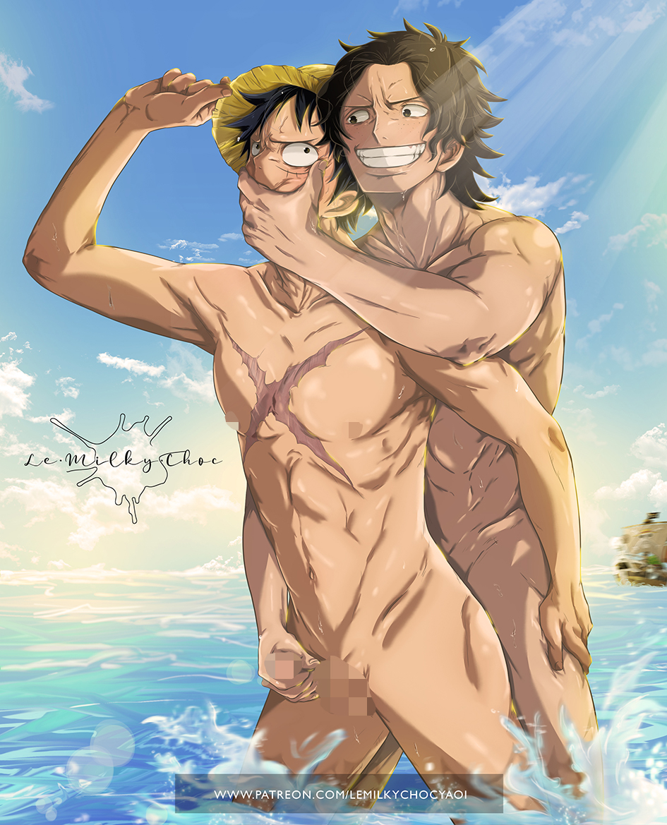 2boys censored gay lemilkychoc male male_focus male_only monkey_d_luffy nude one_piece portgas_d_ace yaoi