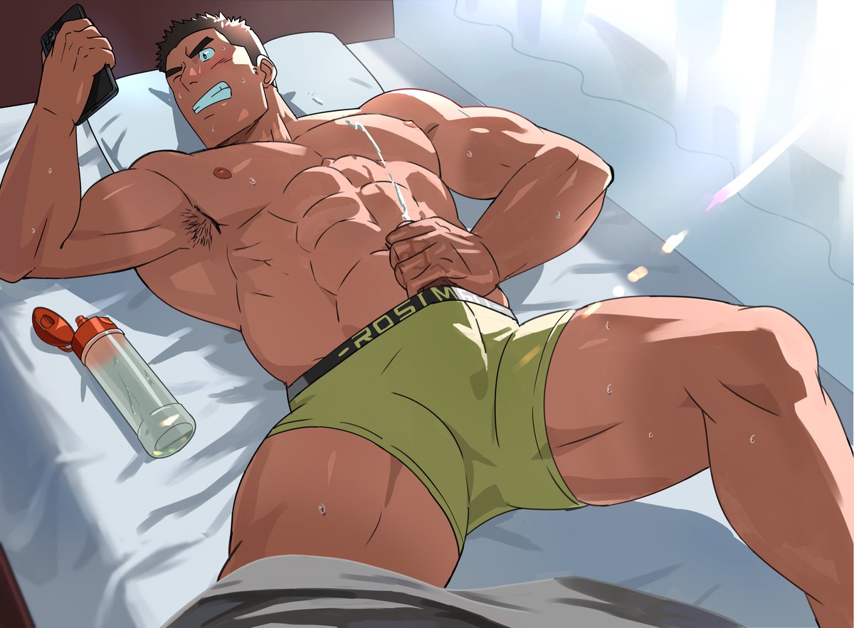 1boy abs armpit_hair bara bed blush boxer_briefs boxers brown_hair bulge chest cum cumshot ejaculation erection erection_under_clothes green_underwear hands_on_penis jacking_off jerking jerkingoff male male_focus male_masturbation male_nipples male_only male_underwear masturbating masturbation muscle muscular_male one_eye_closed orgasm_face original pectorals penile_masturbation penis_out phone pillow projectile_cum ruizu_(takakisan503) shirtless short_hair solo solo_male spread_legs stroking stroking_cock stroking_penis sweat takaxvfruizu1 thick_thighs thighs underwear underwear_only