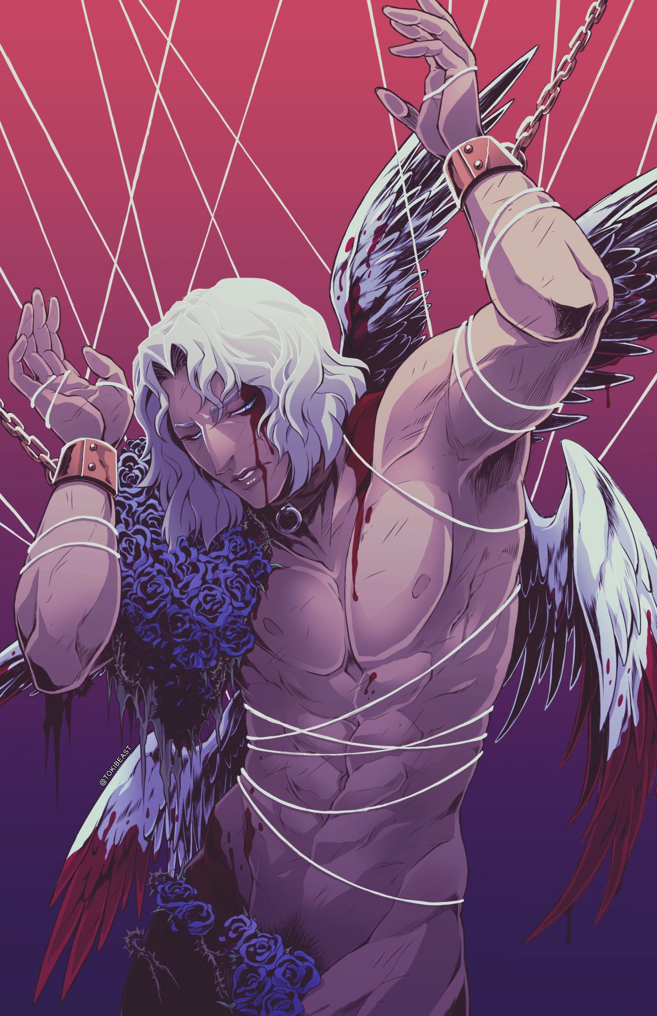 artistic, artistic nude, bare chest, bishonen, blood, bondage, bound, castlevania, castlevania (netflix), chained, chains, collar, hector (castlevania), male, male only, muscular, muscular male, nude, nude male, pubic hair, restrained, roses, shackles, silver hair, solo male, thorns, tokibeast, wings