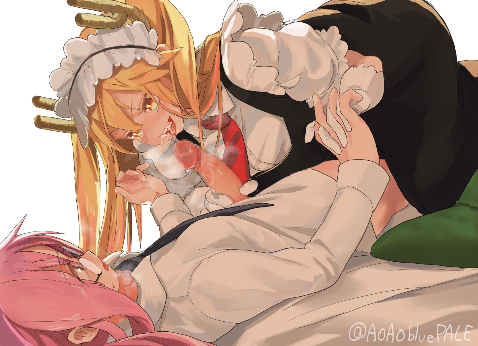 blonde hair, censored, cum in mouth, cum on tongue, dragon girl, fellatio, female, futa on female, futanari, glasses, hand on penis, holding hands, horns, image set, intersex, kobayashi, laying on bed, maid, maid headdress, miss kobayashi's dragon maid, mosaic censoring, necktie, orange eyes, penis, pink hair, tohru (dragon maid)