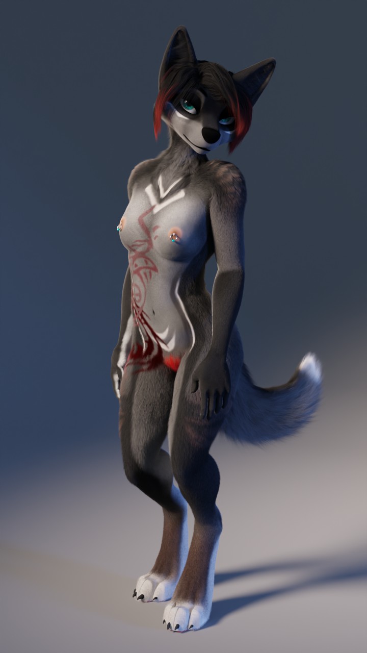 3d 4_toes 5_fingers 9:16 anthro black_body black_fur black_nose blue_eyes breasts canid canine canis female fingers fur grey_body grey_fur hair hi_res looking_at_viewer mammal markings multicolored_body multicolored_fur nipple_piercing nipples nude piercing pubes red_hair ruaidri simple_background small_breasts solo toes two_tone_body two_tone_fur wolf