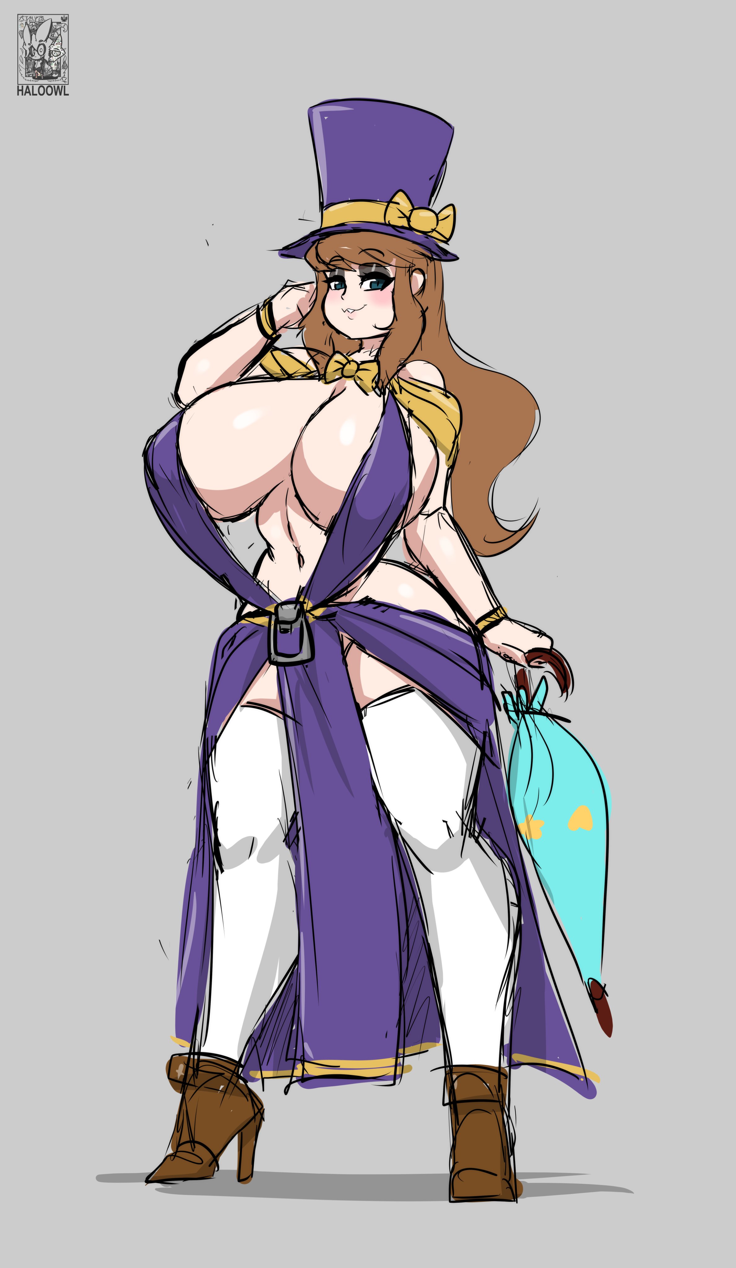 1girls, a hat in time, aged up, big breasts, blush, breasts, brown hair, child bearing hips, curvy figure, eyeshadow, female, female protagonist, grey background, haloowl, hat, hat adult, hat kid, high heel boots, high heels, huge breasts, legwear, light skin, light-skinned female, long hair, older, pale skin, pale-skinned female, thick thighs, thighs, umbrella, wide hips