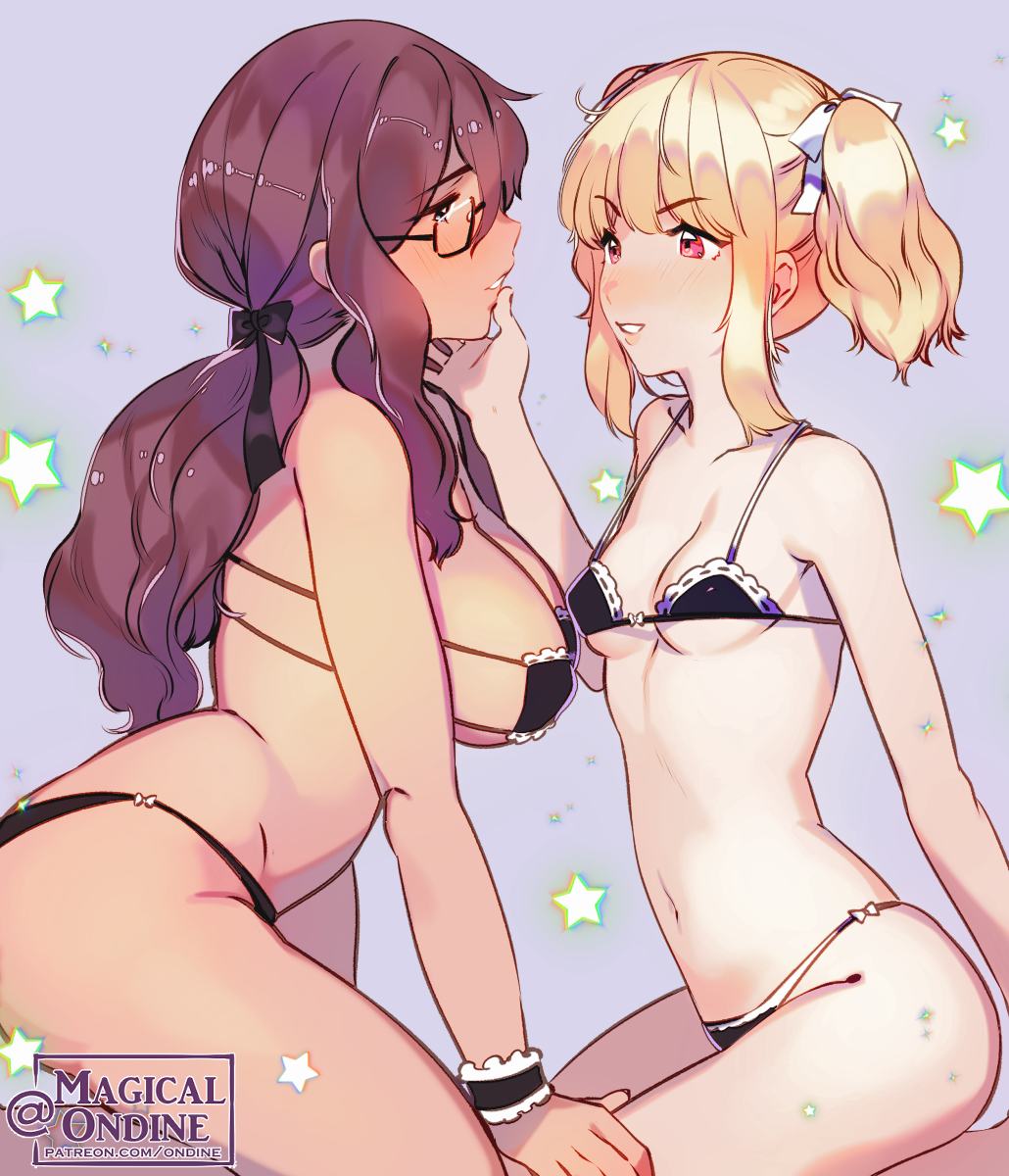 2girls bare_midriff bare_shoulders belly_button bikini blonde_hair eyepatch_bikini female female_only glasses large_breasts long_hair magical_ondine small_breasts very_long_hair yuri