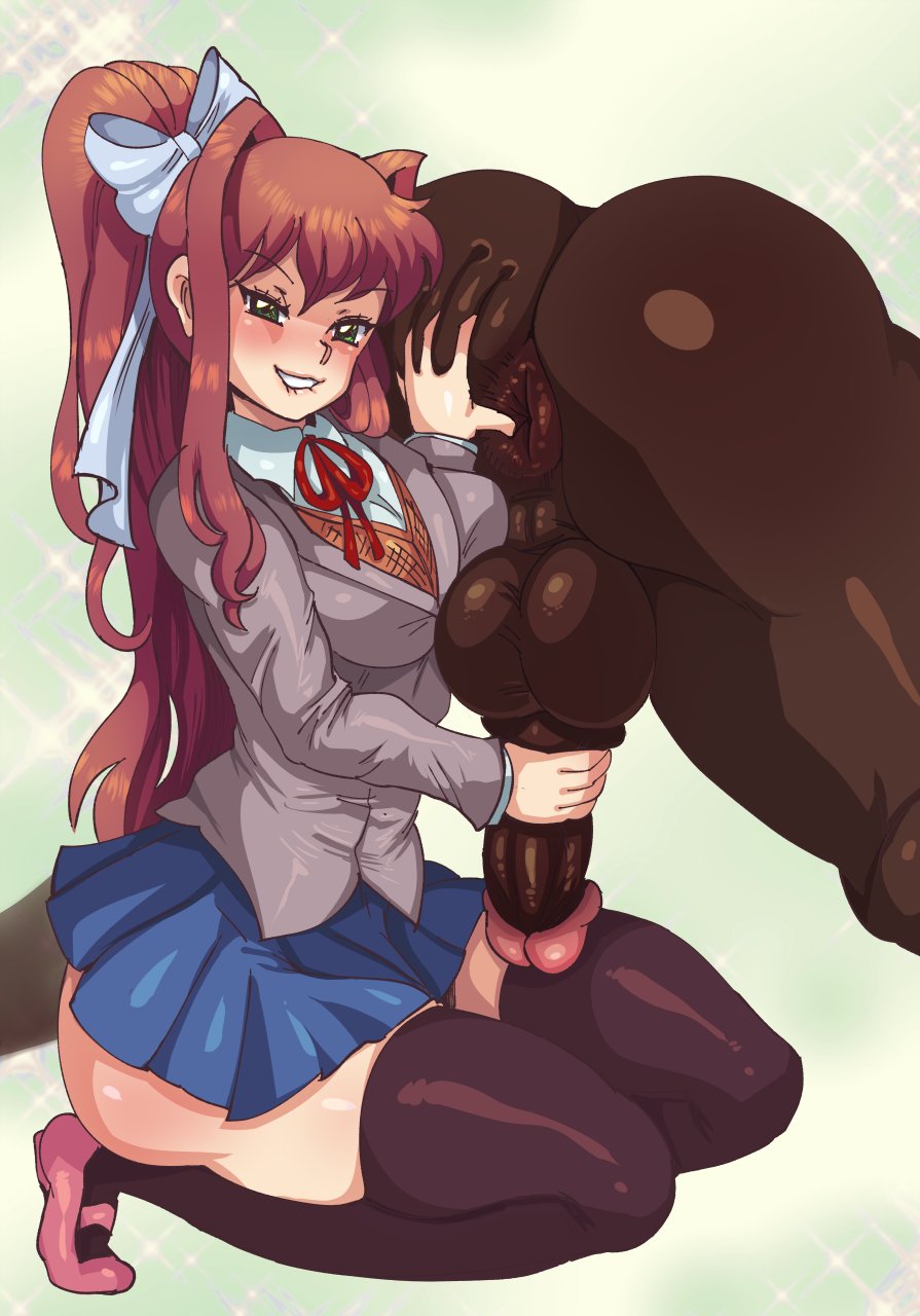1boy, 1girls, backsack, balls, ballsack, big balls, big penis, blush, brown hair, clothed female nude male, dark skin, dark-skinned male, deep rimming, doki doki literature club, drcockula, female, female rimming male, hair ribbon, handjob, huge cock, imminent rimming, interracial, kneeling, large penis, light skin, light-skinned female, male, male anilingus, male anus, miniskirt, monika (doki doki literature club), pale skin, pale-skinned female, penis, rimjob, rimming, school uniform, skirt, thick thighs, thighs, very long hair