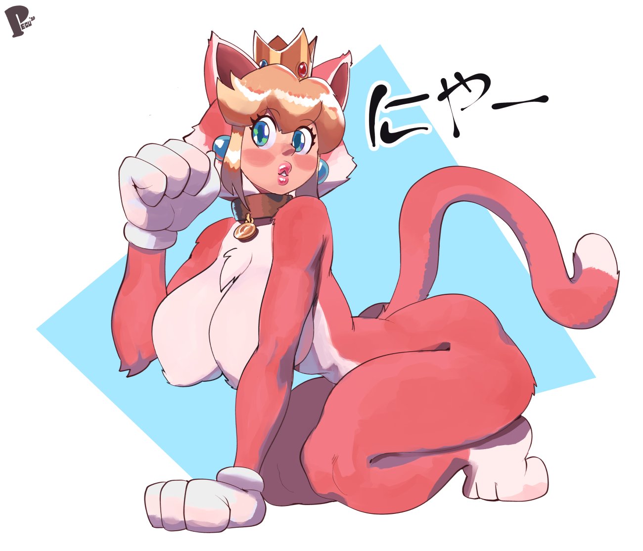 1girls, big breasts, blush, breast expansion, breast growth, breast growth (enlargement), breasts, cat peach, cat suit, cleavage, female, female only, large breasts, looking at viewer, mario (series), nintendo, peculiart, princess peach, solo, super mario 3d world, thick thighs, wide hips