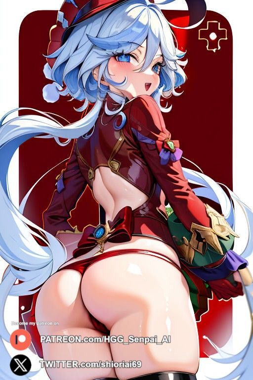 ahoge, ai generated, alternate costume, ass, ass crack, ass focus, blue eyes, blue hair, blush, butt crack, cameltoe, christmas, coat, come hither, female, from behind, furina (genshin impact), genshin impact, gloves, hat, huge ass, long hair, looking at viewer, looking back, open mouth, pussy, shiny, shiny hair, shiny skin, smile, solo, thong, very long hair