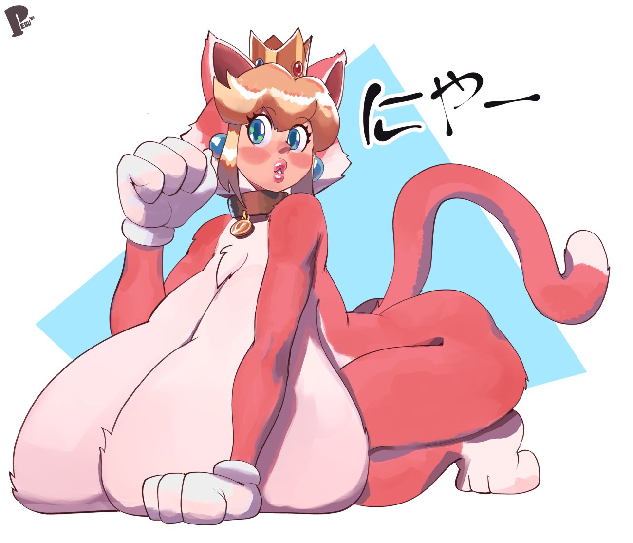 1girls, blush, breast expansion, breast growth, breast growth (enlargement), breasts, cat peach, cat suit, cleavage, female, female only, huge breasts, hyper breasts, looking at viewer, mario (series), nintendo, peculiart, princess peach, solo, super mario 3d world, thick thighs, wide hips