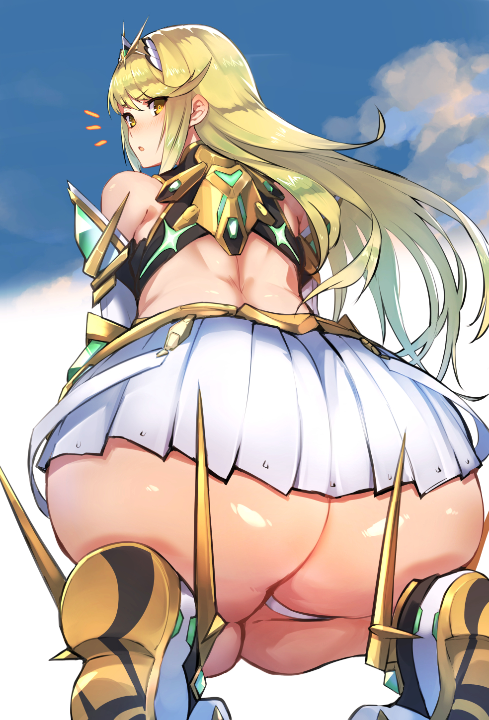 1girls, ass, back, big ass, big butt, blonde hair, bottom heavy, bubble ass, bubble butt, eye contact, female, hikari (xenoblade 2), huge ass, huge butt, kneeling, large ass, light skin, light-skinned female, long hair, looking at viewer, looking back, mythra, nintendo, nuezou, pale skin, pale-skinned female, skirt, thick ass, thong, upskirt, xenoblade (series), xenoblade chronicles 2, yellow eyes