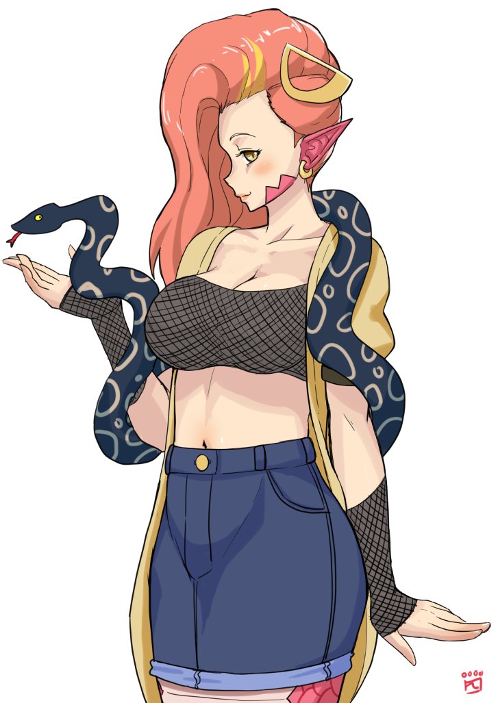 1animal cleavage clothing earrings female female_only finalcake fishnet_armwear fishnet_top hair_ornament lamia long_hair looking_at_viewer miia_(monster_musume) monster_girl monster_musume_no_iru_nichijou pointy_ears red_cheeks red_hair scales scalie skirt slit_pupils snake snake_girl solo solo_female yellow_eyes