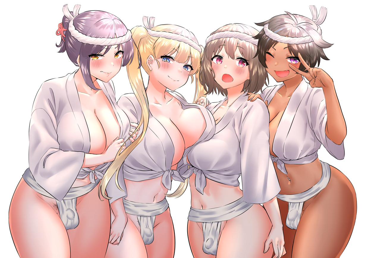 4futas, big breasts, blue eyes, blue hair, breasts, bulge, dark skin, dark-skinned futa, female, flaccid, fundoshi, futa only, futanari, group, inarimochi, intersex, kokusho tamaki, mep phy01, micropenis, onnani sayaka, penis, pubes, pubic hair, sibuki rei, small penis, soda karin, thick thighs, yamakasa