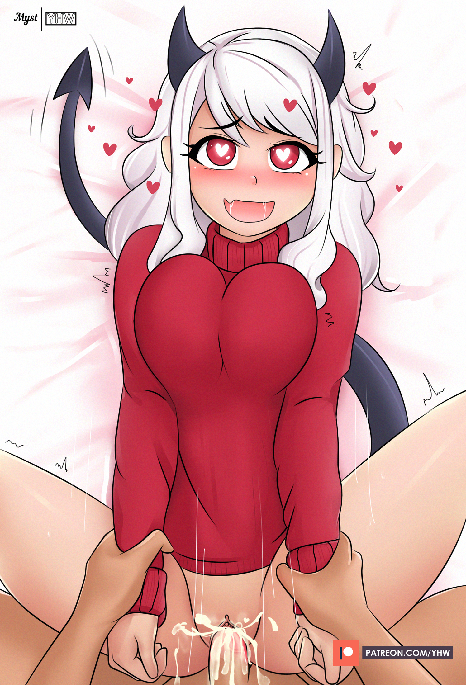 1boy, 1girls, ahe gao, cum, cum inside, curvy female, demon, demon horns, demon tail, demoness, duo, female, female focus, heart-shaped pupils, helltaker, male, modeus (helltaker), myst, penis, pussy, straight hair, sweater, vaginal penetration, white hair, yhw