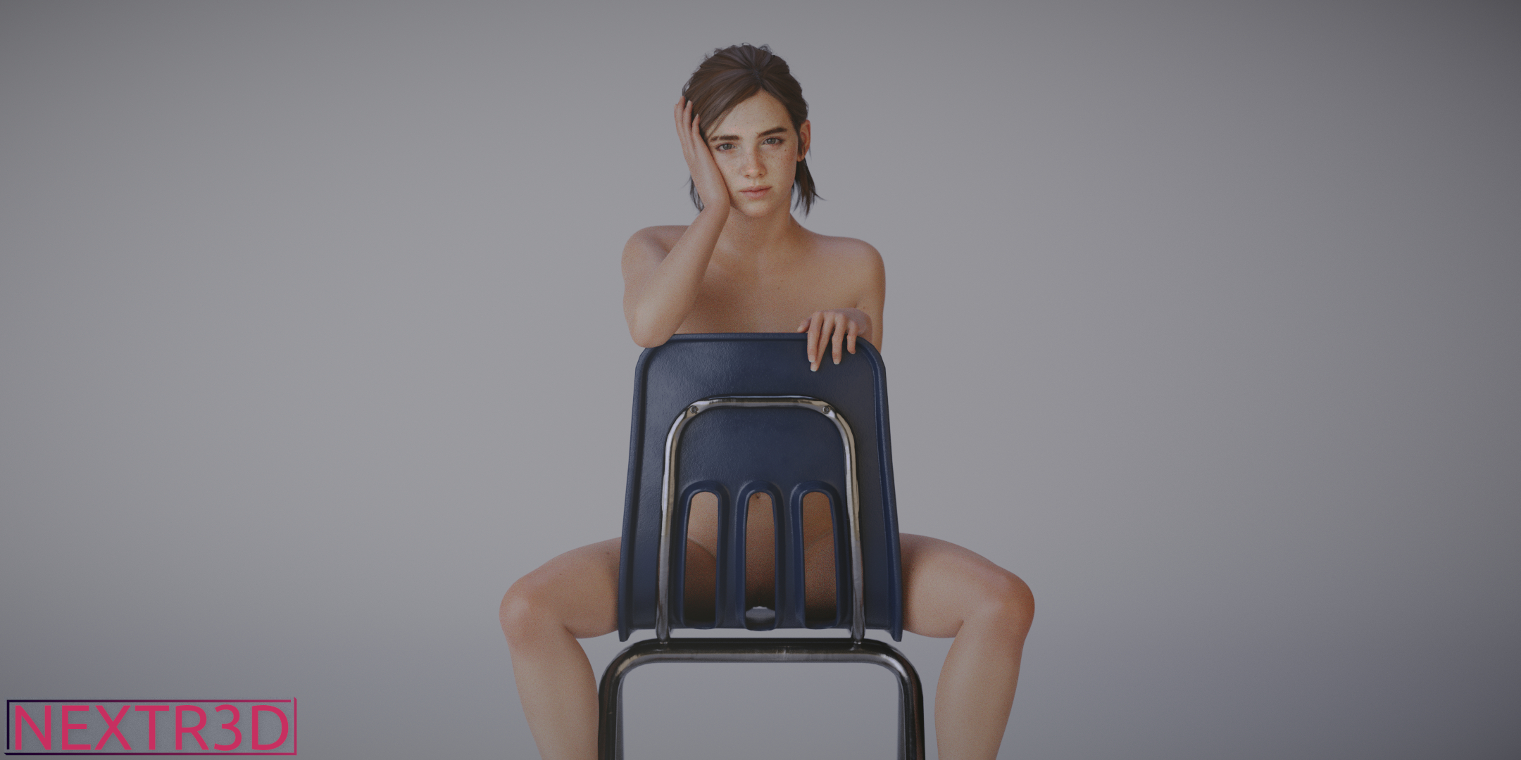1girls, 3d, blender, chair, ellie (the last of us), ellie williams, female, female only, hand on own face, leaning on elbow, looking at viewer, nextr3d, nude, pussy, solo, spread legs, teenager, the last of us, the last of us 2, thick eyebrows, tied hair