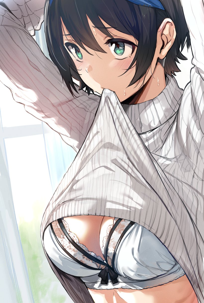1girls, big breasts, bra, breasts, cleavage, female, female only, hews hack, kanojo okarishimasu, large breasts, sarashina ruka, shirt lift, solo