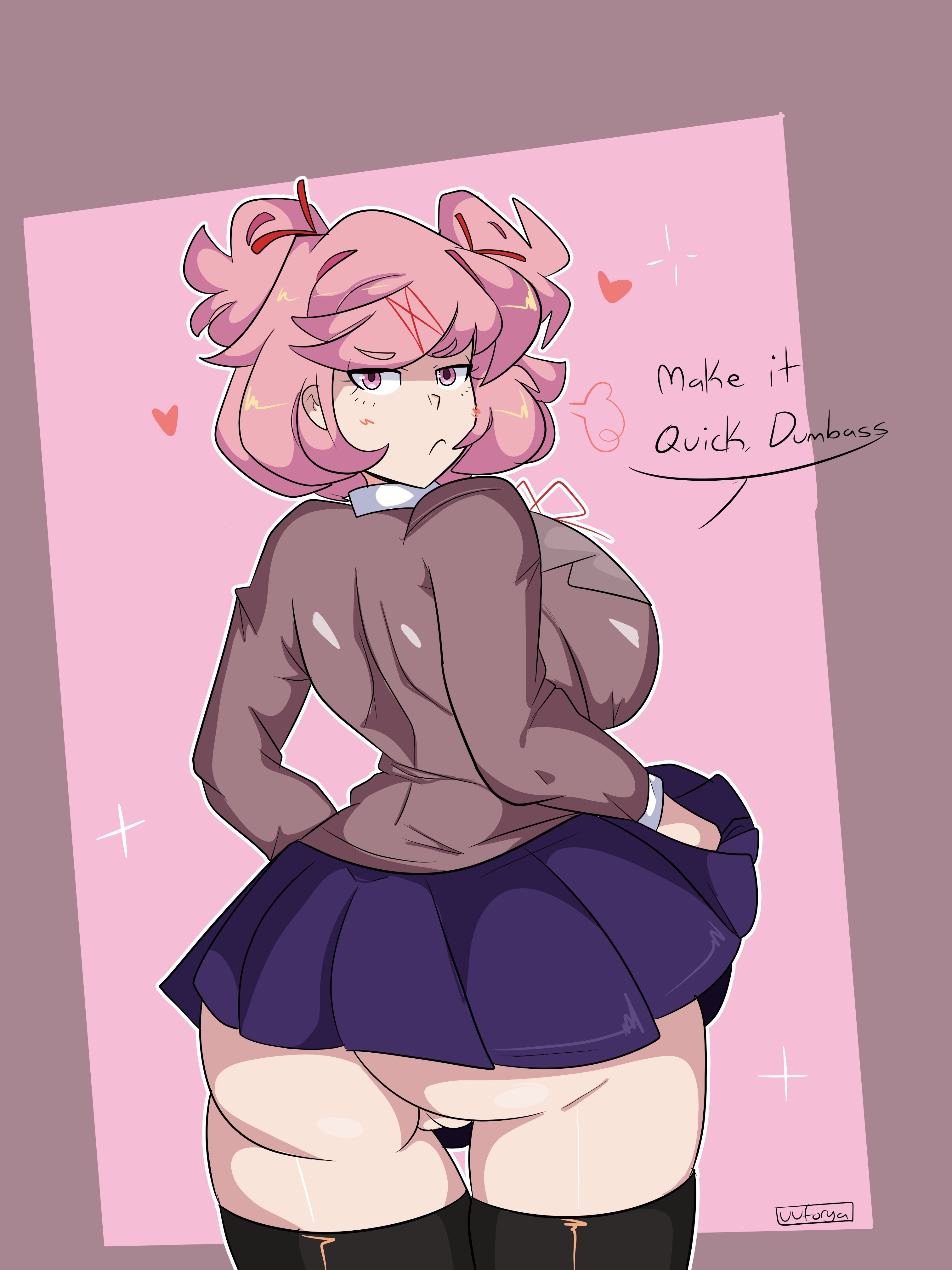1girls, ass, big ass, big breasts, breasts, chubby, doki doki literature club, eye contact, female, going commando, hair ribbon, huge ass, light skin, light-skinned female, looking at viewer, looking back, medium hair, natsuki (doki doki literature club), no panties, pale skin, pale-skinned female, pink hair, pussy, school uniform, skirt, talking to viewer, text, thick thighs, thigh gap, thighs, uuforya
