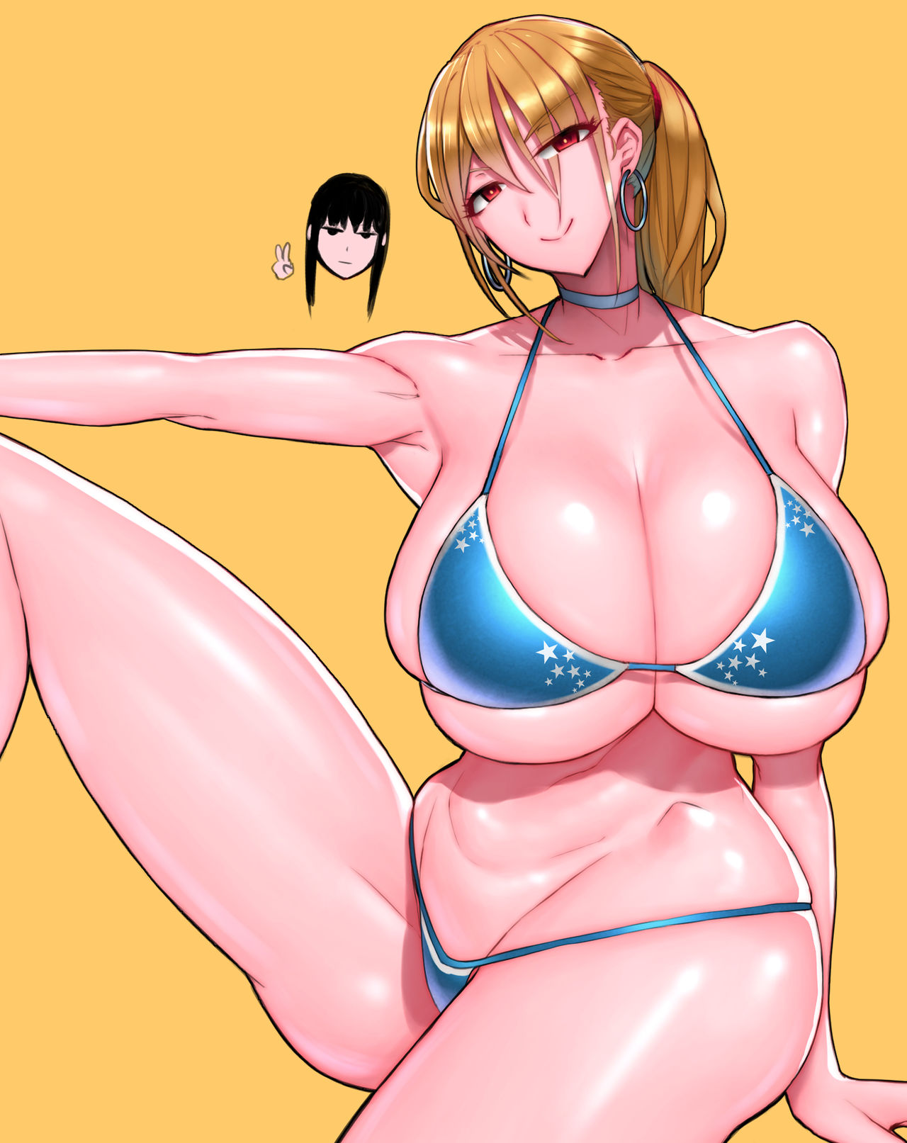 1girls, ass, bikini, blue bikini, breasts, breasts bigger than head, bursting breasts, cute, female, huge ass, huge breasts, long hair, red eyes, source request, tight clothing, wolffeld, wolffeld price, yellow hair