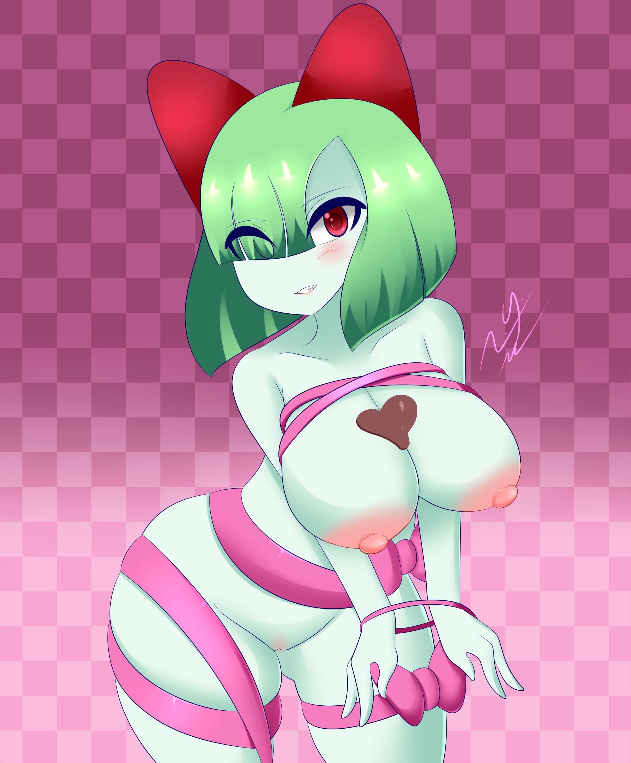 anthro, bow, breasts, chocolate on breasts, female, kirlia, lewdicecream, pokémon (species), pokemon, pokemon (species), ribbon, sblueicecream, wink