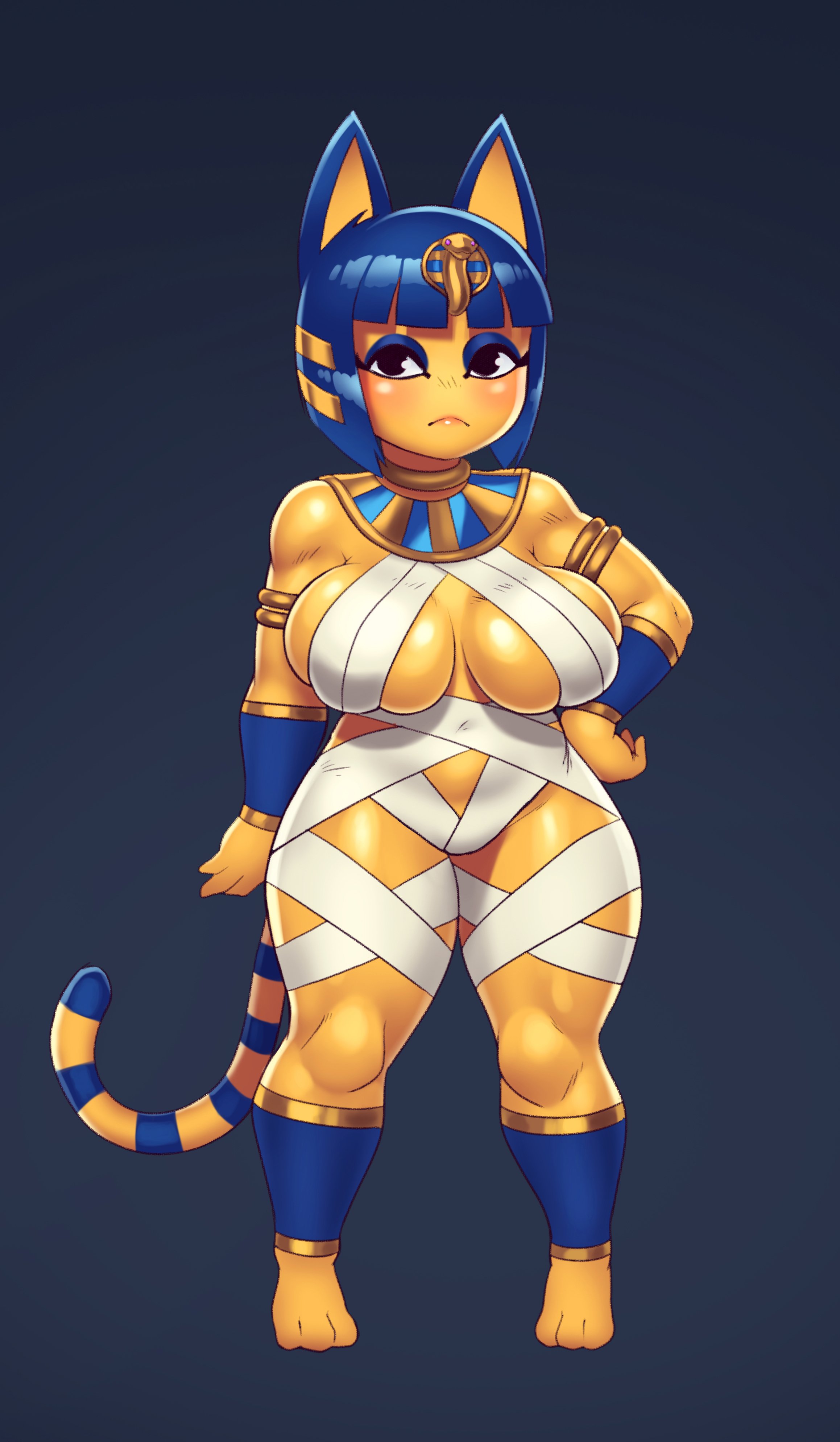 absurd res, alternate body type, alternate breast size, animal crossing, ankha, anthro, bad id, bad twitter id, bandage, big breasts, black background, breasts, cleavage, clothed, clothing, curvy, domestic cat, felid, feline, felis, female, furry, hand on hip, headgear, headwear, hi res, hourglass figure, looking at viewer, mammal, nintendo, pinup, pose, rizdraws, simple background, solo, thick thighs, video games, year request