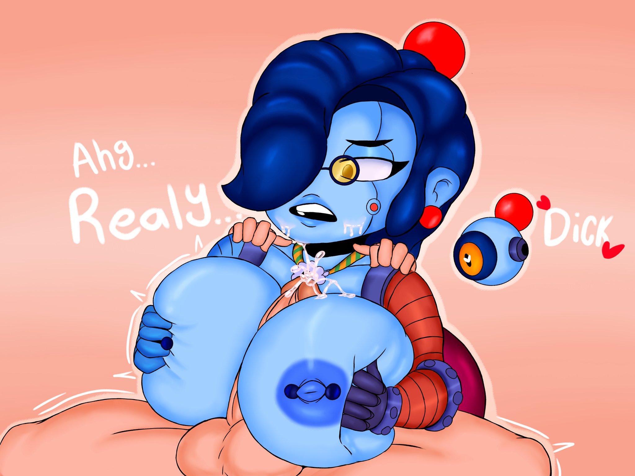 big breasts, big penis, brawl stars, breasts, female, jacksito (artist), male, nani (brawl stars), nipple piercing, paizuri, penis, robot, titjob