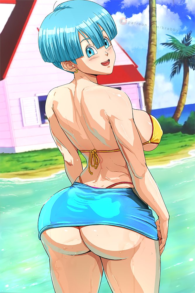 1girls, ass, beach, big ass, big breasts, bikini, bikini top, blue eyes, blue hair, breasts, bulma briefs, dragon ball, dragon ball z, earrings, female, female only, kame house, krabby (artist), large breasts, lipstick, looking at viewer, looking back, makeup, red lips, red lipstick, short hair, skirt, solo, swimsuit, thong, thong bikini, water, watermark, whale tail