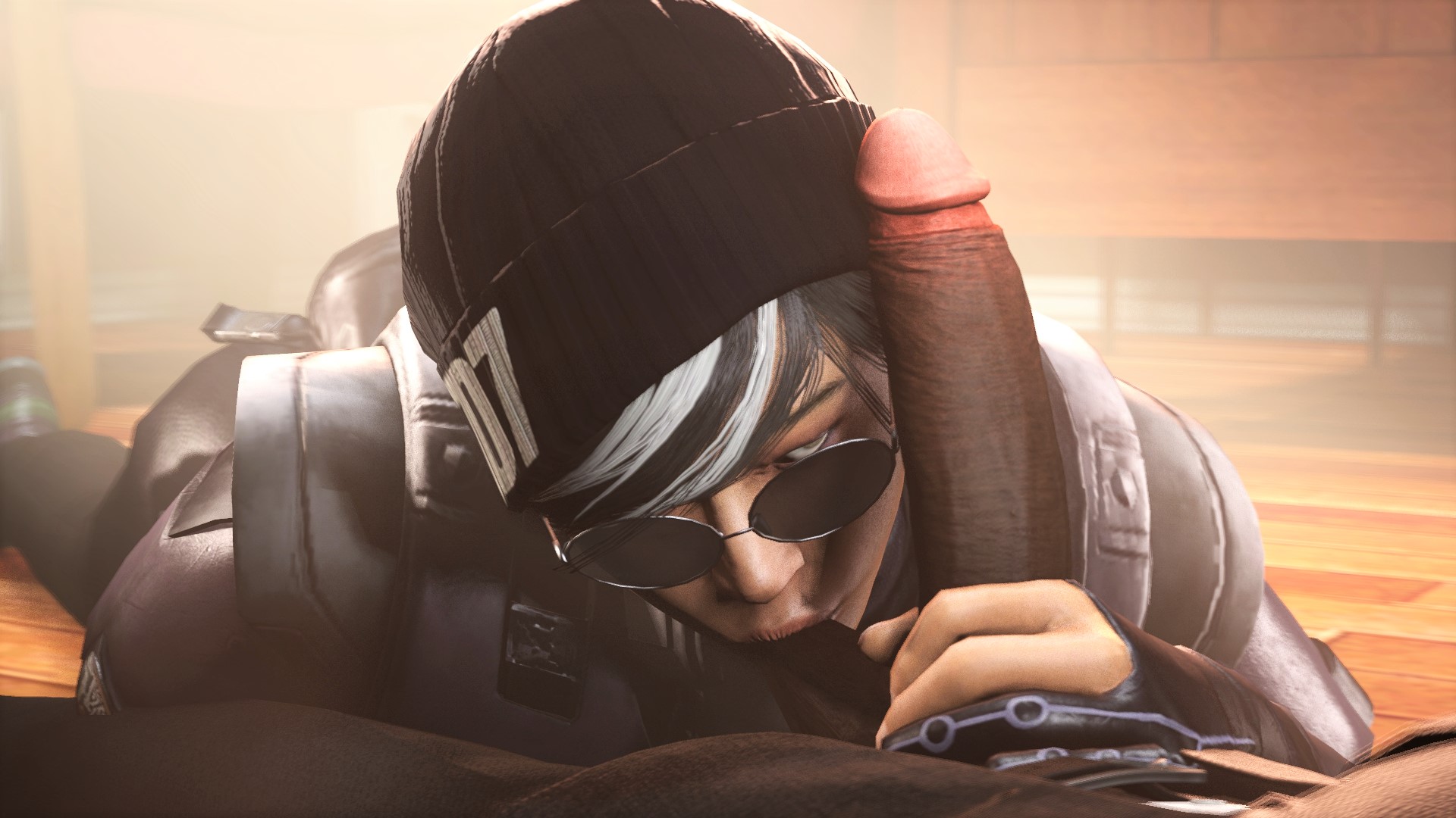 1boy, 1girls, 3d, akatomasu, asian, asian female, balls, balls sucking, beanie, big penis, clothed, clothing, dark skin, dark-skinned male, dokkaebi (rainbow six), fellatio, female, hat, holding penis, interracial, just the tip, light skin, light-skinned female, looking at partner, looking over eyewear, looking over glasses, male, military, military uniform, multicolored hair, oral, oral sex, penis, rainbow six, rainbow six siege, soldier, source filmmaker, sunglasses, tinted eyewear, tom clancy