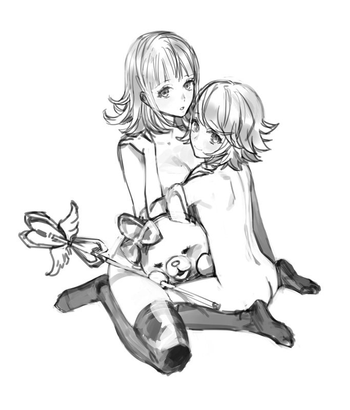1boy, 1girls, artist request, ass, breasts, danganronpa, danganronpa 2: goodbye despair, female, female human, femboy, femboy on female, fujisaki chihiro, human, male, male human, monochrome, monomi (danganronpa), nanami chiaki, straight, straight hair, wholesome