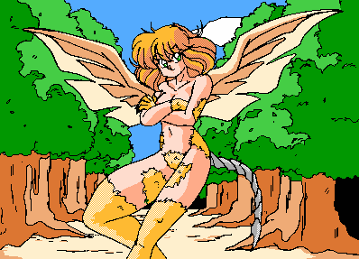 1girls 90s bird_wings blonde_hair chimera claws cleavage cloud crossed_arms eyebrows_visible_through_hair female female_only flying forest fur game_cg harpy lowres m.i.n monster_girl navel nipples nude outdoors pubic_hair reserve reserve_(series) scorpion_tail short_hair sky smile solo tail thighs tree wings yellow_fur