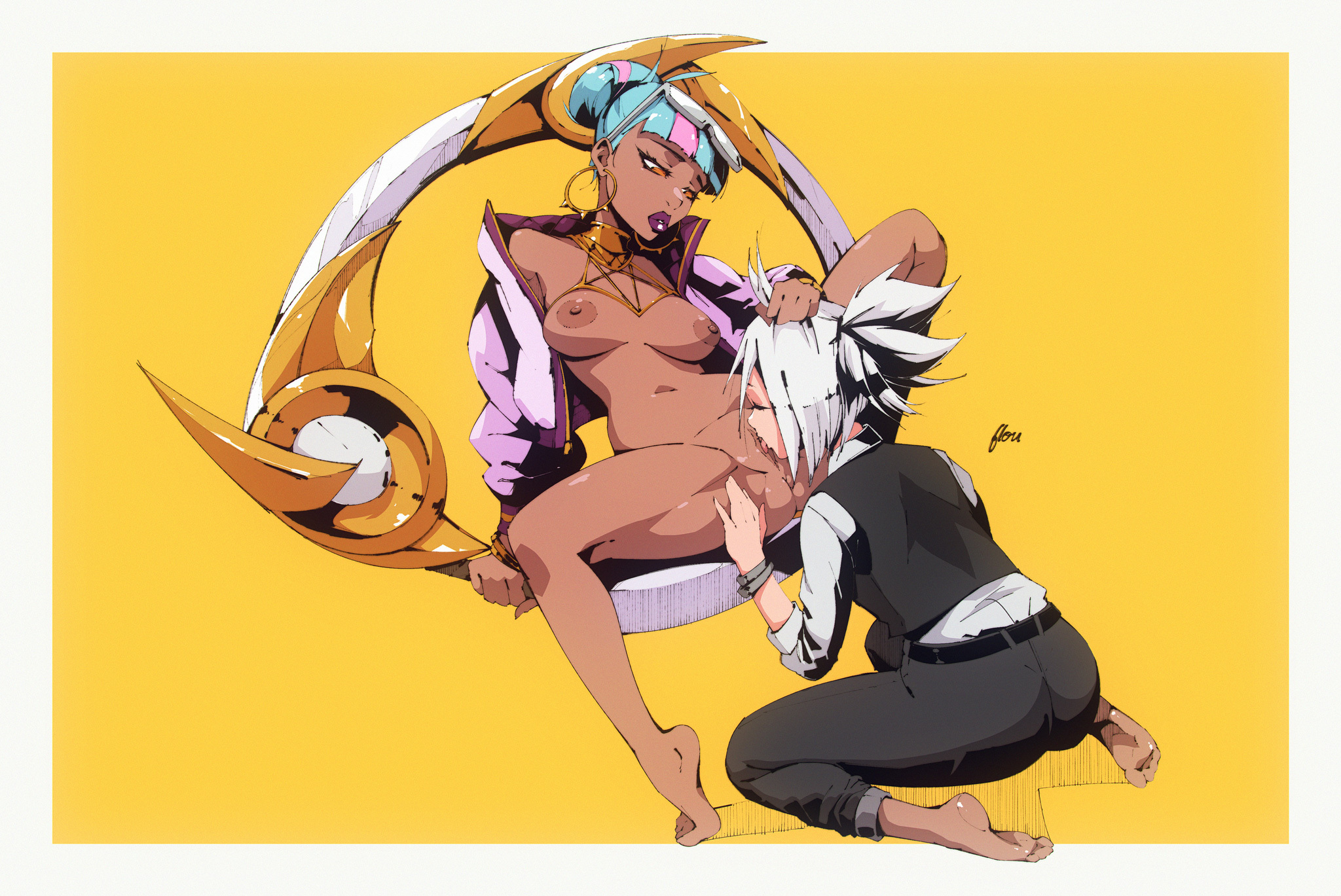 2020, 2girls, areolae, artist signature, bangs, barefoot, bottomless, bracelet, breasts, cunnilingus, dark skin, earrings, female, female only, female/female, flou, hair grab, hoop earrings, league of legends, lipstick, multiple females, multiple girls, nipples, nude, open jacket, oral, orange eyes, ponytail, purple lipstick, qiyana yunalai, riven, sunglasses on head, true damage qiyana, two-tone hair, white hair, yellow background, yuri