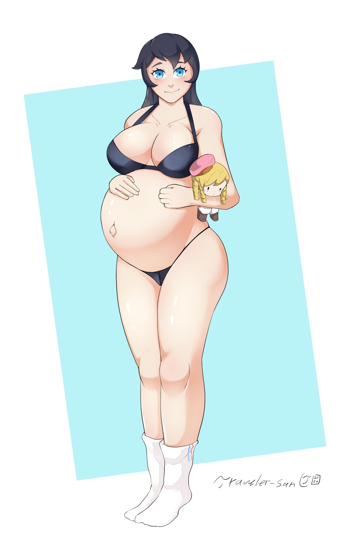 1girls big_breasts black_hair blue_eyes bra breasts claraspregs cleavage female female_only huge_belly large_breasts original_character panties pregnant ready_to_pop socks solo tight_fit underwear