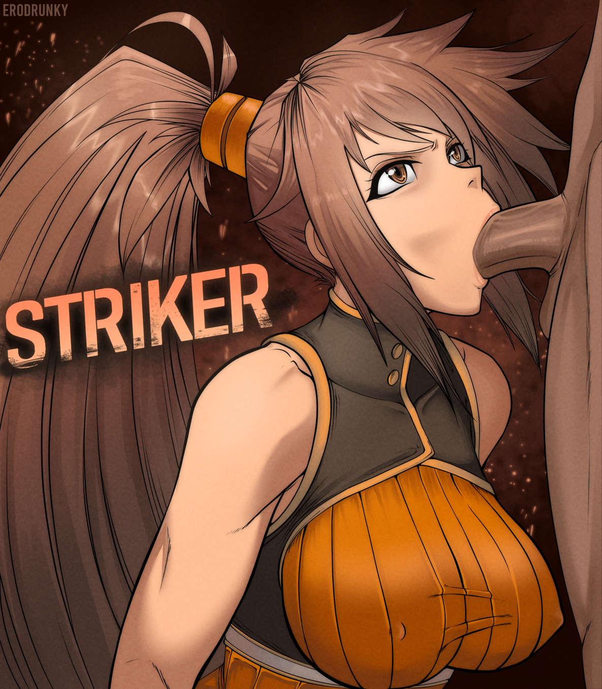 :>=, 1boy, 1girls, angry, artist name, breasts, brown eyes, brown hair, dark skin, dark-skinned male, dungeon and fighter, dungeon fighter online, erodrunky, eye contact, fellatio, female, hands-free, hi res, large breasts, long hair, male, muscular, muscular female, nipple bulge, oral, partial male, ponytail, self upload, striker (dungeon and fighter), watermark
