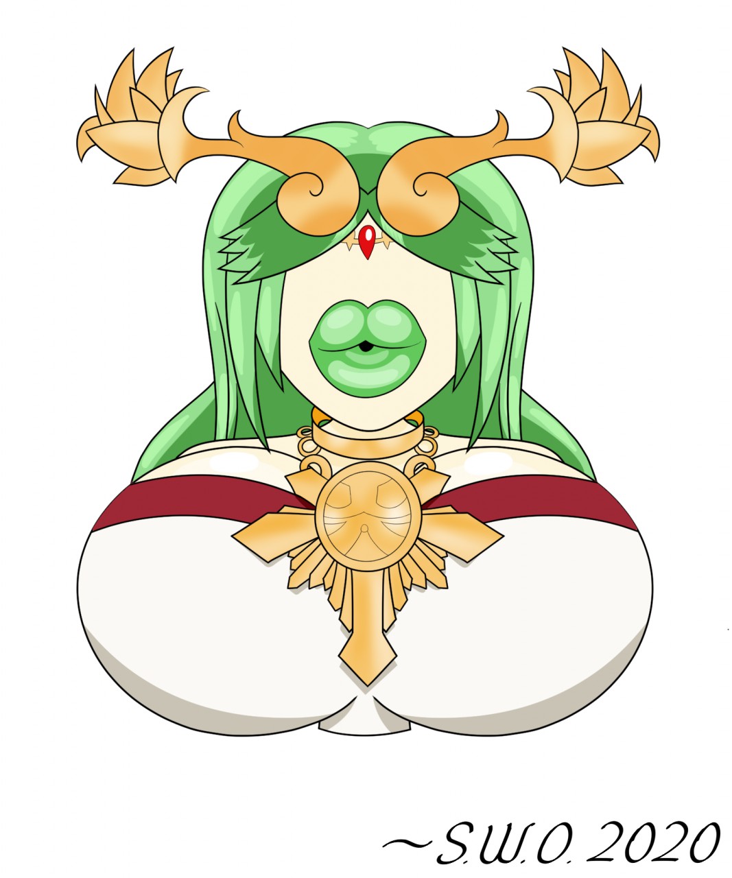 breasts bust_tf female green_hair green_lips green_lipstick inanimate inanimate_transformation kid_icarus looking_at_viewer nintendo no_eyes objectification palutena statue super_weird_one tagme transformation white_dress